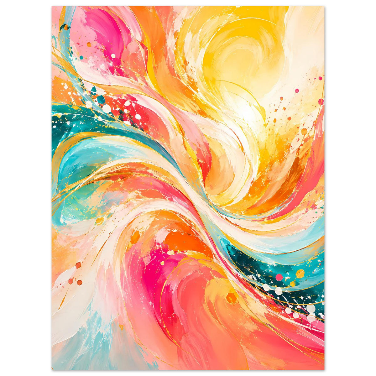 Abstraktes Kunstposter, vertikal: schillernde Swirls aus Pink, Gelb, Türkis und Orange