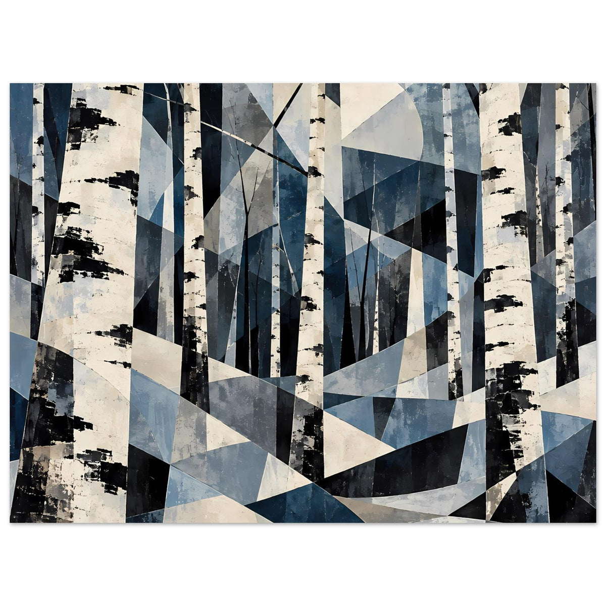 Abstraktes Naturposter im Querformat: Birkenwald-Grafik mit Blau-, Weiß- und Schwarztönen