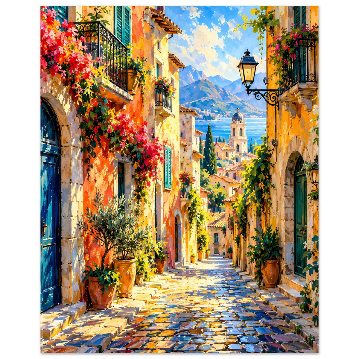 Mediterranes Gassen-Poster mit Laterne, grünen Fensterläden, Blütenranken und Blumentöpfen