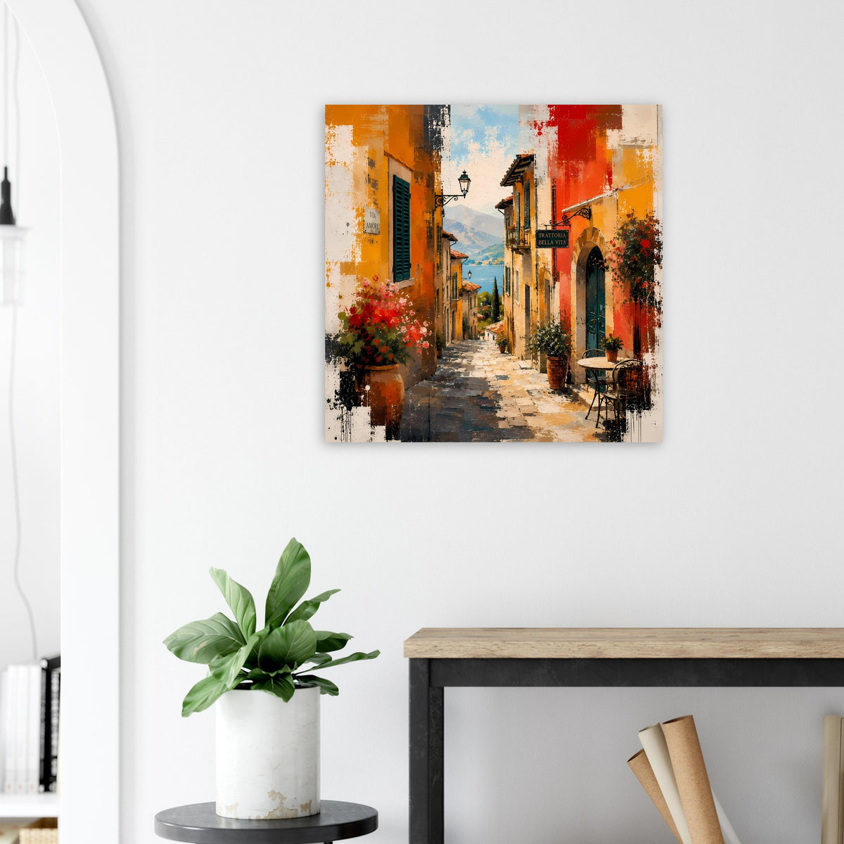 Poster mit mediterraner Gasse zwischen orangefarbenen Häusern