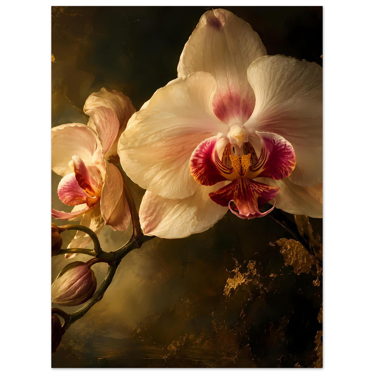 Orchideen-Poster: große cremeweiße Orchideenblüte mit rosaroter Mitte und Knospen