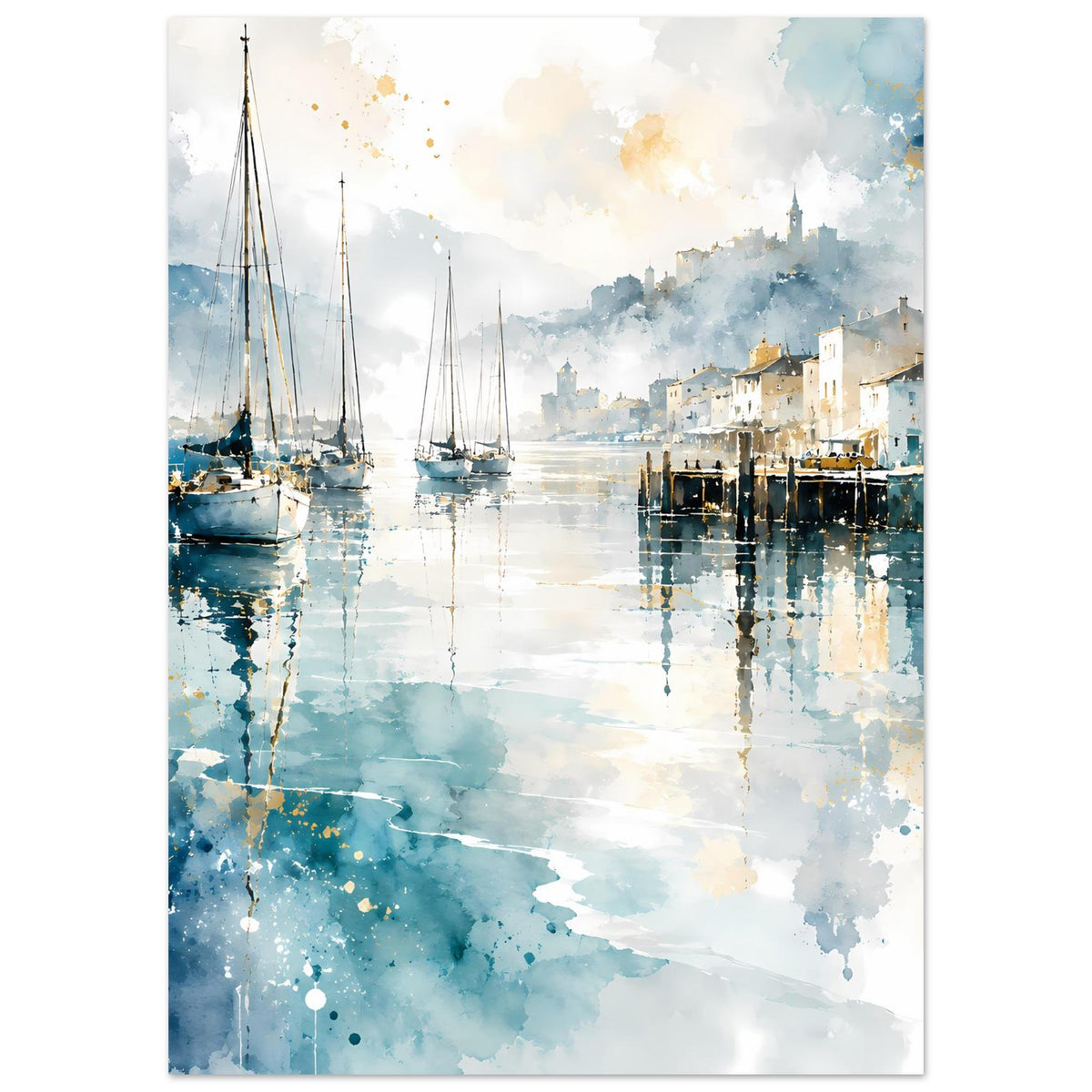 Aquarell-Poster mit Segelbooten im Hafen, Stadtansicht in Blau und verschwommener Spiegelung