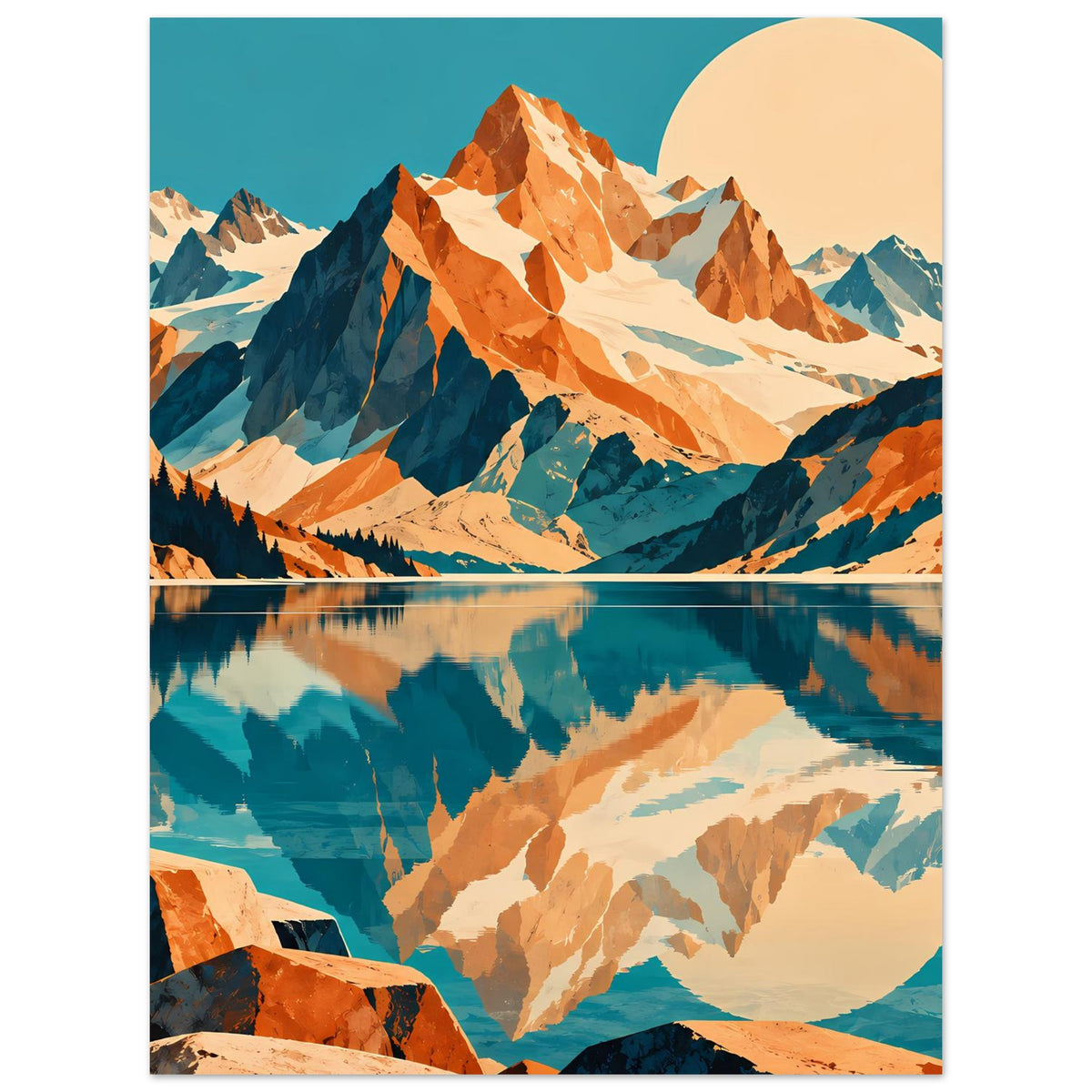 Naturposter im Hochformat: Bergmassiv mit Spiegelung im See, blau-orange, runde Himmelscheibe