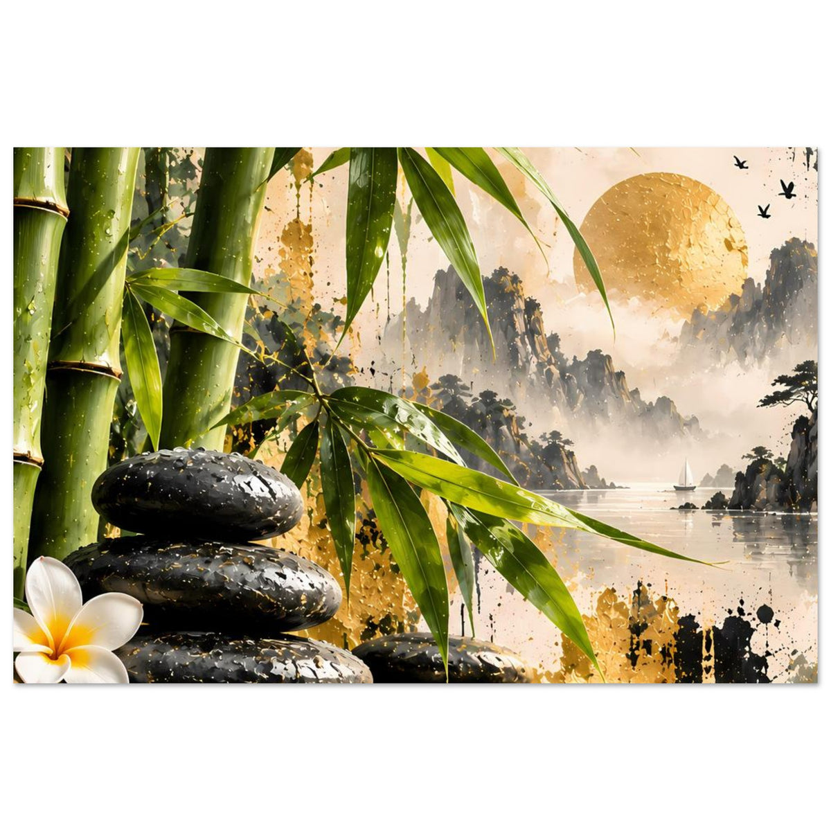 Zen-Bambus-Harmonie-Poster mit goldener Sonne, grünen Bambusblättern, schwarzen Steinen und See