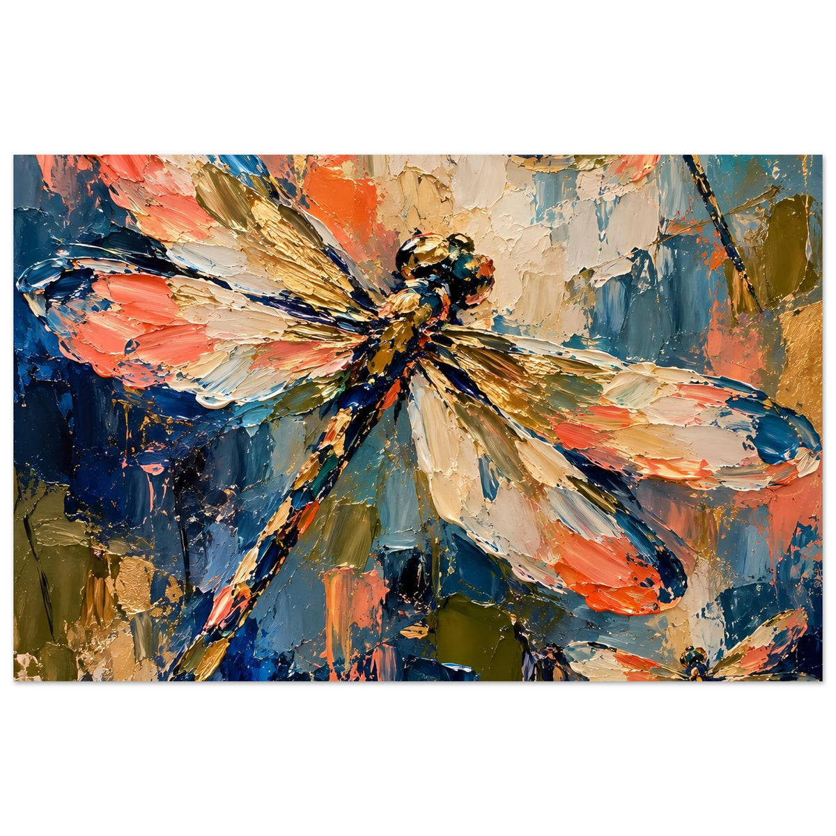 Kunstdruck Poster mit abstrakter Libelle in Orange-, Blau- und Goldtönen, Querformat