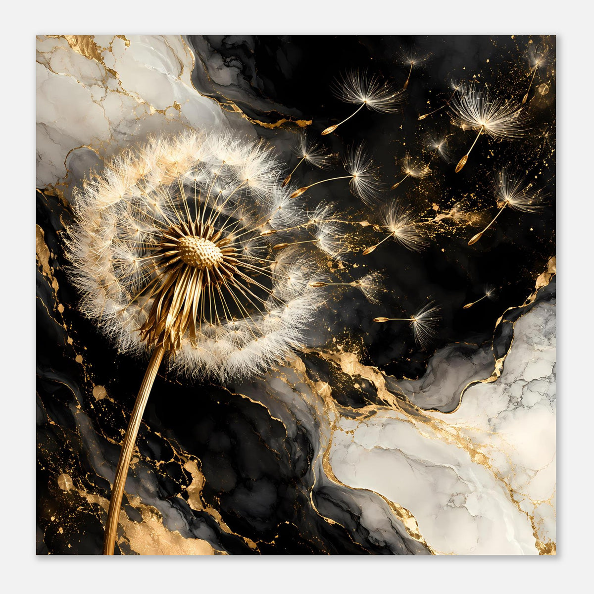 Dandelion-Poster: Pusteblume in Gold/Weiß auf schwarzer Marmorstruktur, mit goldenen Funken und Sternen