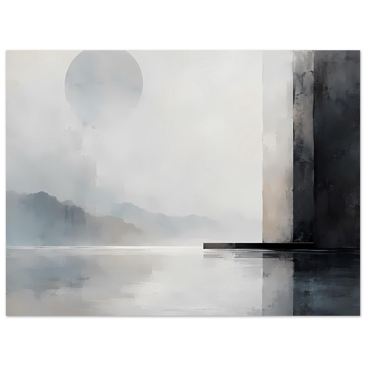 Monochromes Landschafts-Poster mit Halbsonne, horizontalem Lichtband und dunkler Seitenfläche