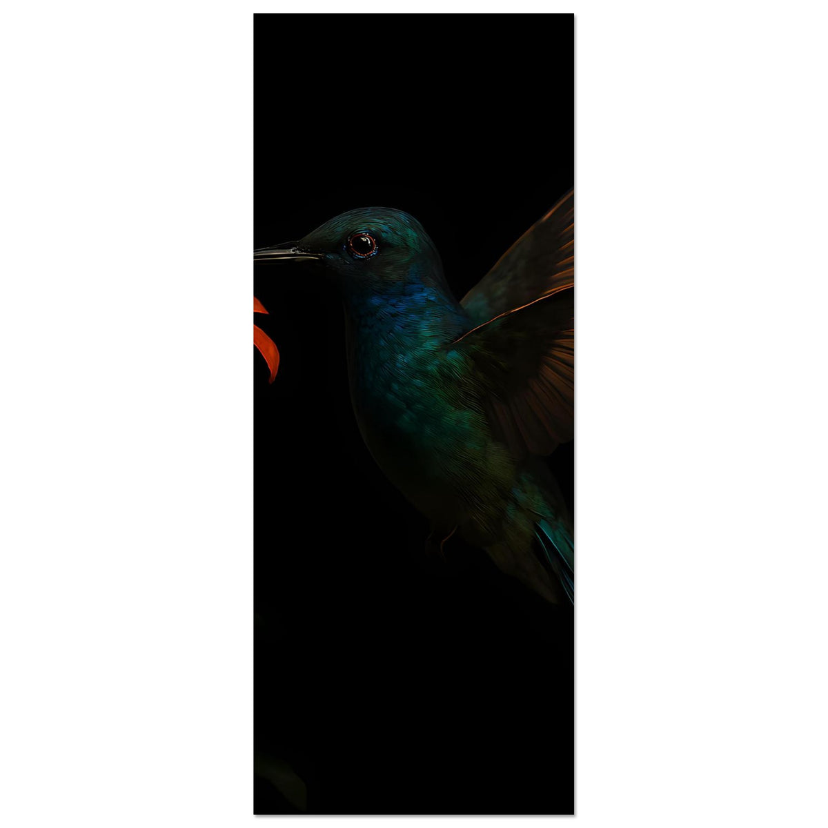 Hochformatiger Poster-Ausschnitt: Kolibri im Flug mit orangefarbener Lilie