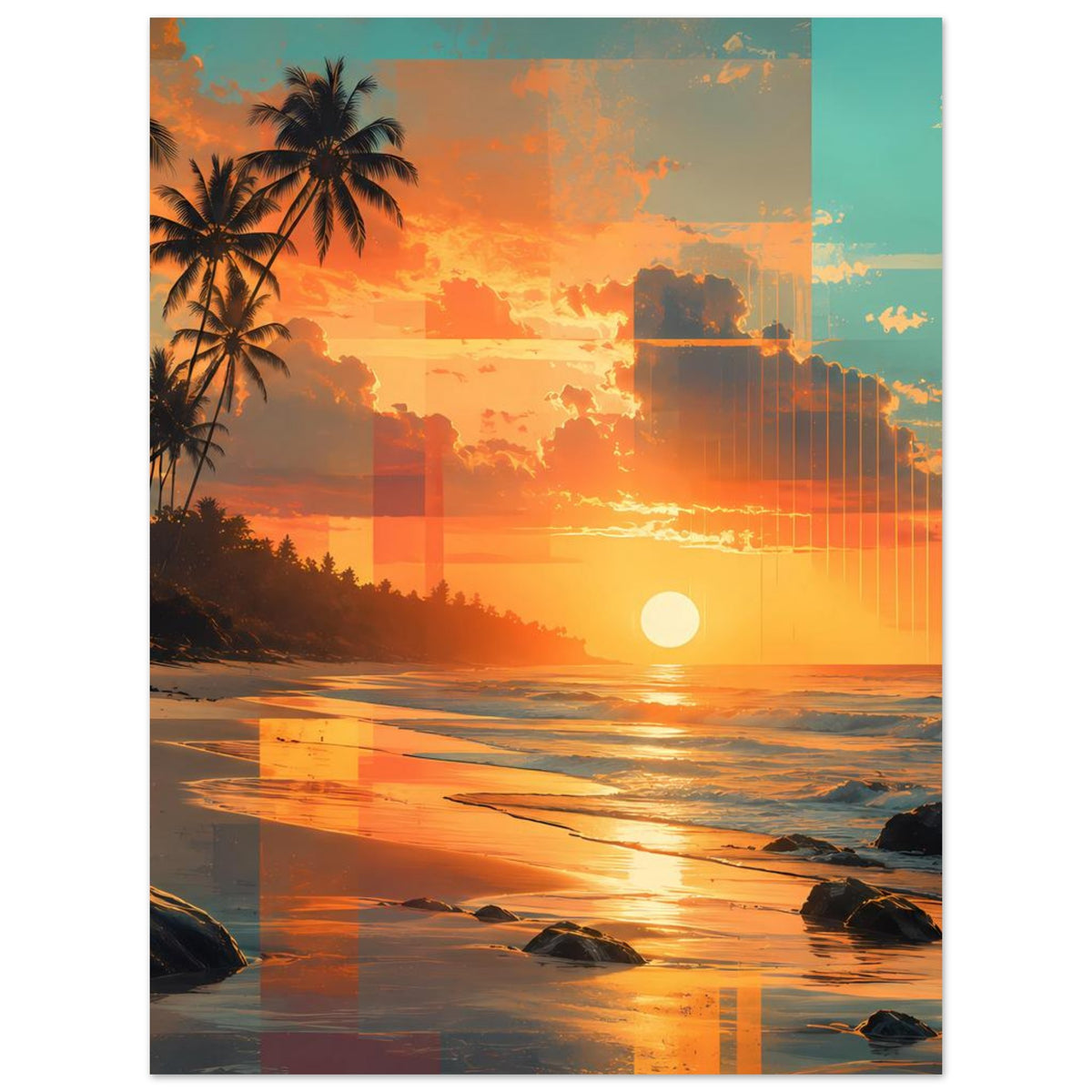 Beachdruck-Poster im Hochformat mit Palmen, Küste und leuchtender Sonne am Horizont