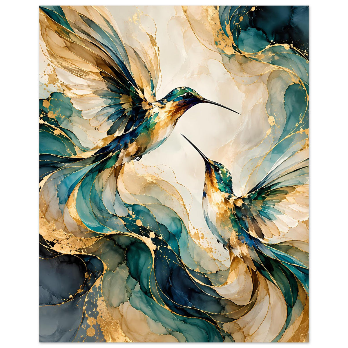 Vogelposter mit zwei Kolibris, blau-goldene Aquarellfedern und Sprenkeloptik