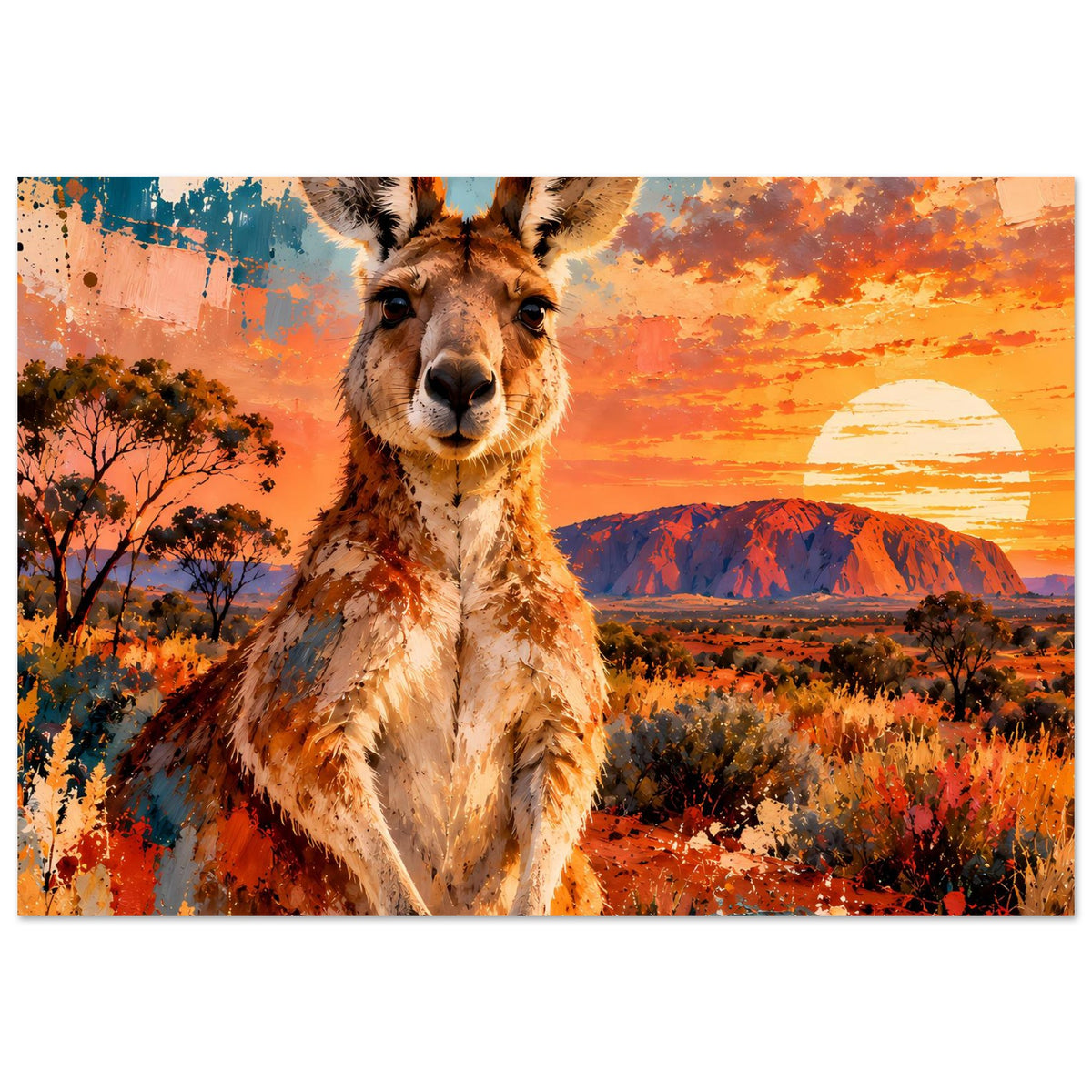 Känguru-Sonnenuntergangs-Poster auf Premium-Mattpapier, Tier mittig mit Landschaft im Hintergrund