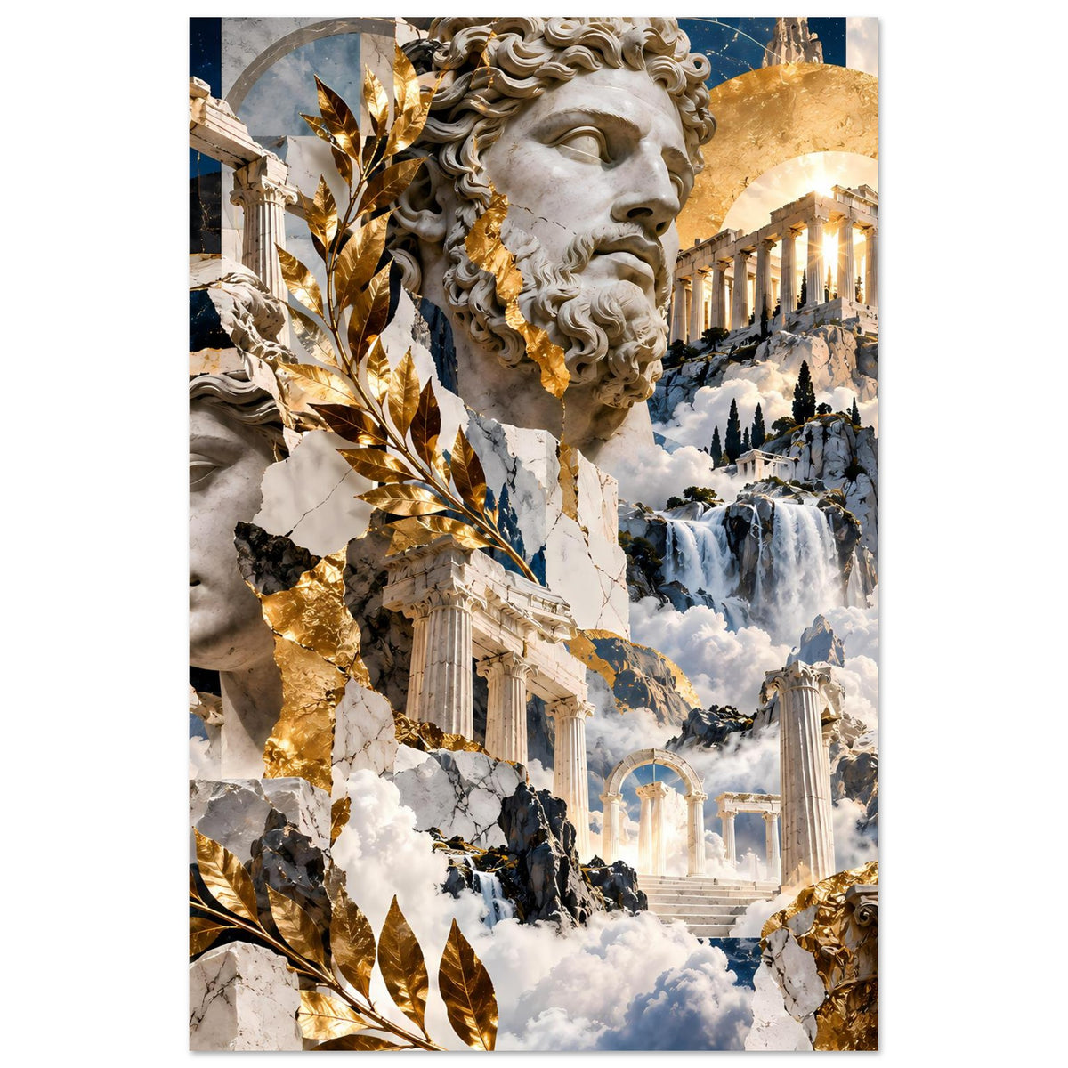 Vertikales Poster mit griechischer Statue, goldenen Lorbeerzweigen und Säulen über Wolken