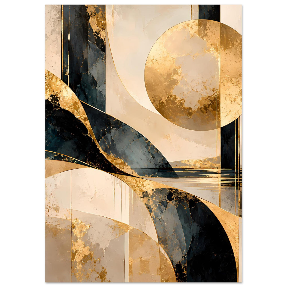 Abstraktes Poster im Hochformat: goldene Akzente, schwarze Kurven, Kreise und Linien