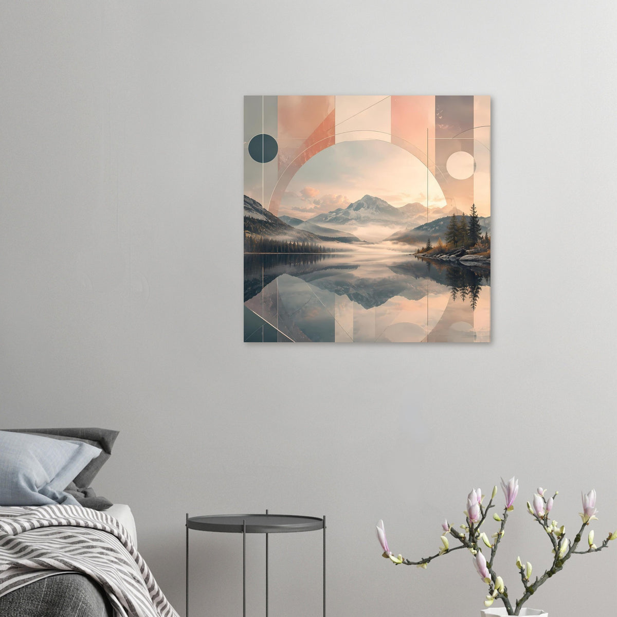 Abstraktes Poster: Berg-See-Landschaft mit Kreisfenster und geometrischen Überlagerungen in warmen Tönen