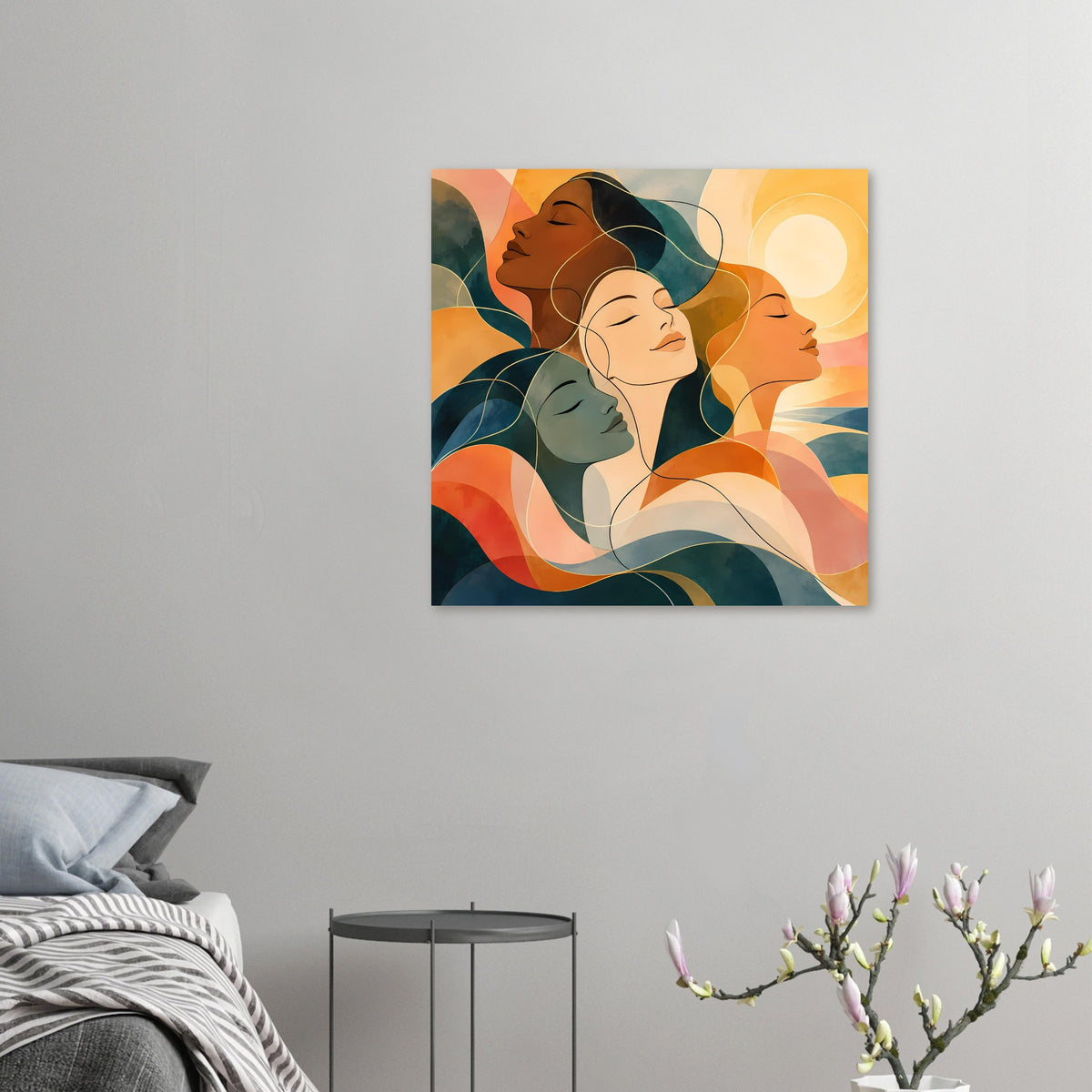 Kleines Kunstposter im Quadratformat mit vier Frauen, abstrakte Farben in Erdtönen und Blau