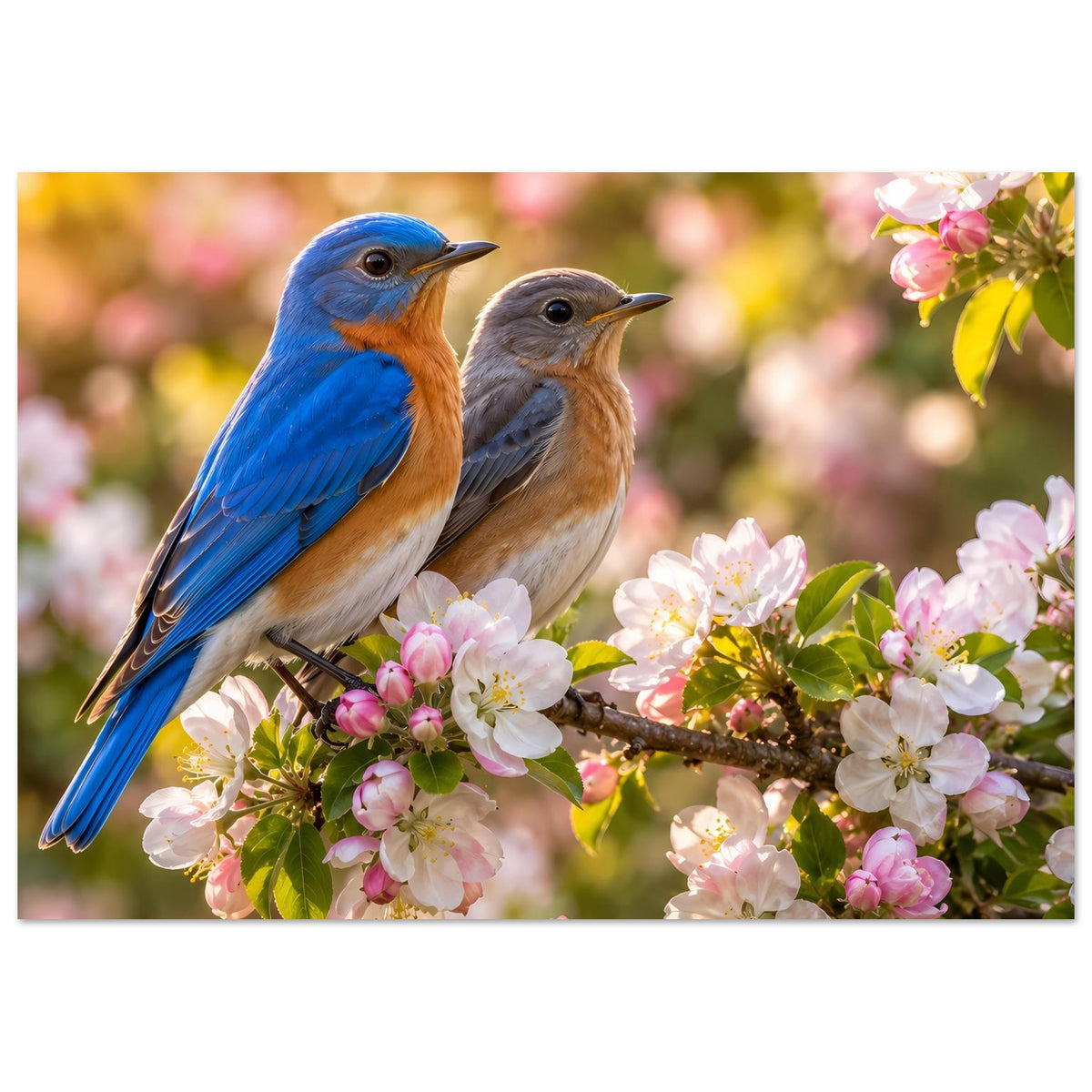 Vogelposter im Querformat: blaues Vogelpaar auf blühendem Ast mit rosa Blüten