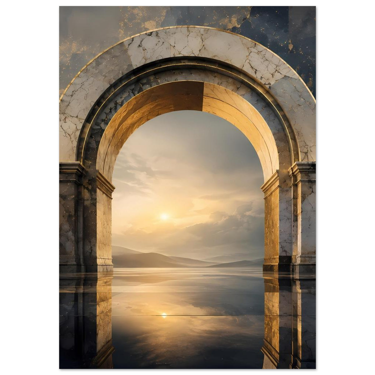 Poster mit antikem Marmorbogen, goldenen Akzenten und spiegelndem Wasser im Sonnenaufgang