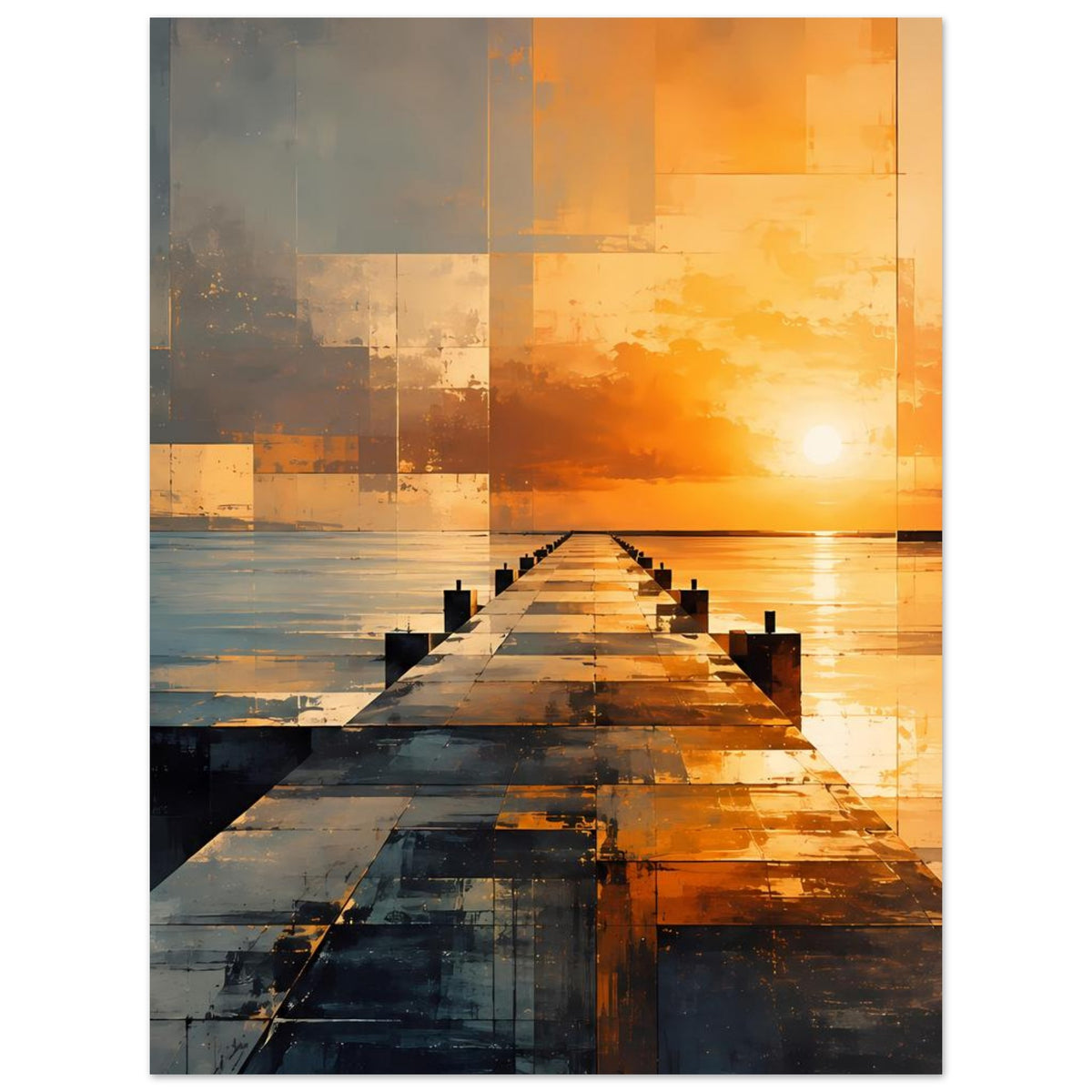 Wandposter mit Pierperspektive und Sonnenball, abstrakte Quadrate in Orange und Grau
