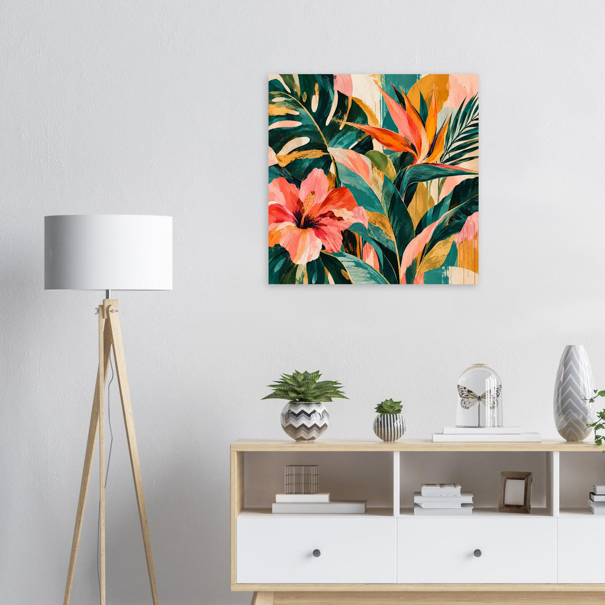 Quadratisches florales Kunstposter mit tropischen Blüten und mehrfarbigen Blättern