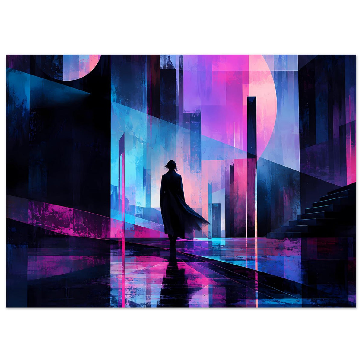 Neon-Nachtlandschaft-Poster: Person steht im Vordergrund, pinke und blaue Neonstreifen spiegeln sich.