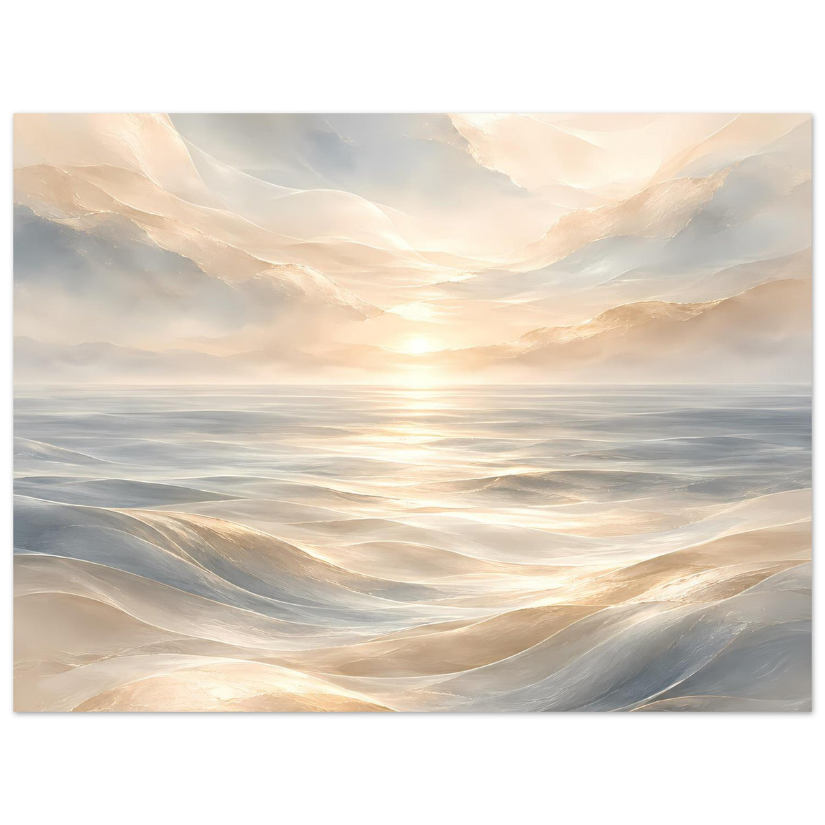 Horizontales Ozeanposter mit hellen Wellenfalten und warmem Sonnenaufgang am Horizont