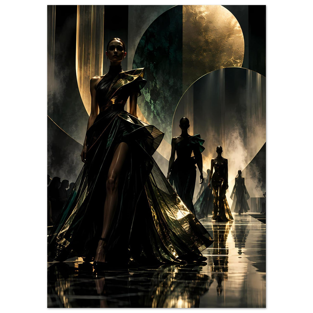 Hochformatiges Runway-Poster: schwarze Modefiguren mit goldenen Schimmerdetails