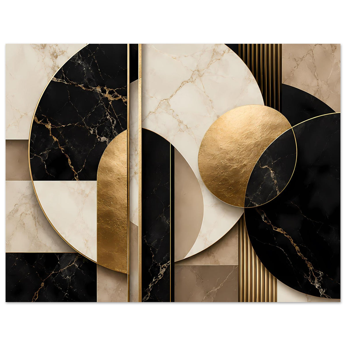 Geometrisches Poster mit goldenen Kreisen, marmoriertem Design in Creme und Schwarz
