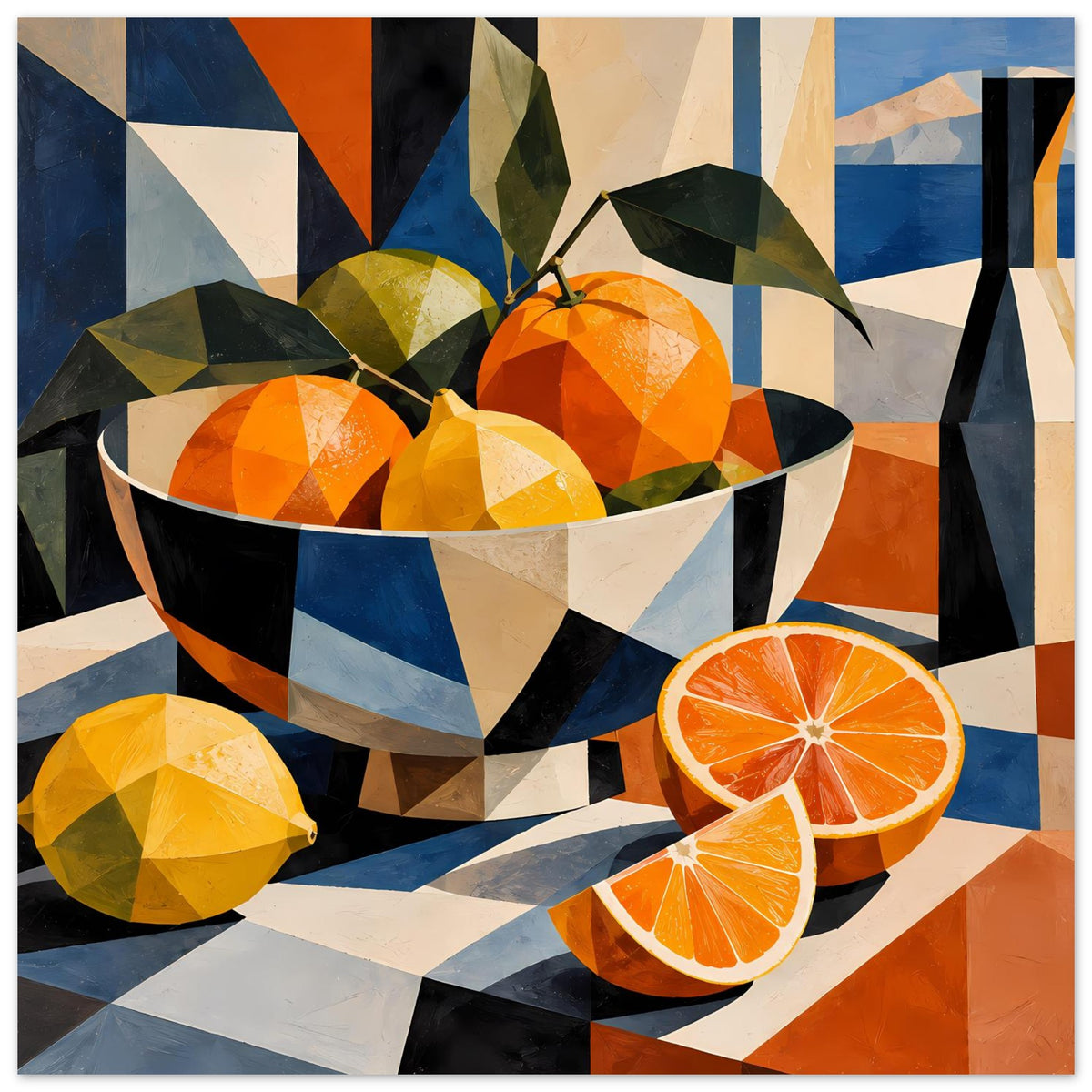 Poster: Schüssel voller Orangen und Zitrone, dazu rote Orangenscheiben mit geometrischen Flächen