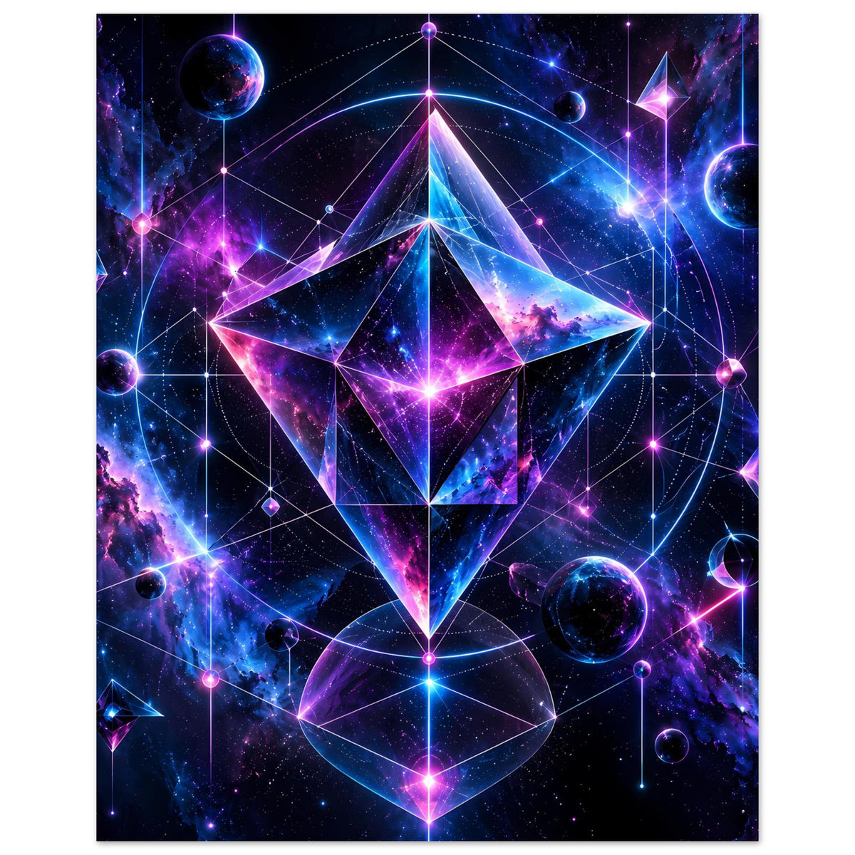 Poster mit kosmischem Geometrie-Design in Hochkant, leuchtende lila Linien