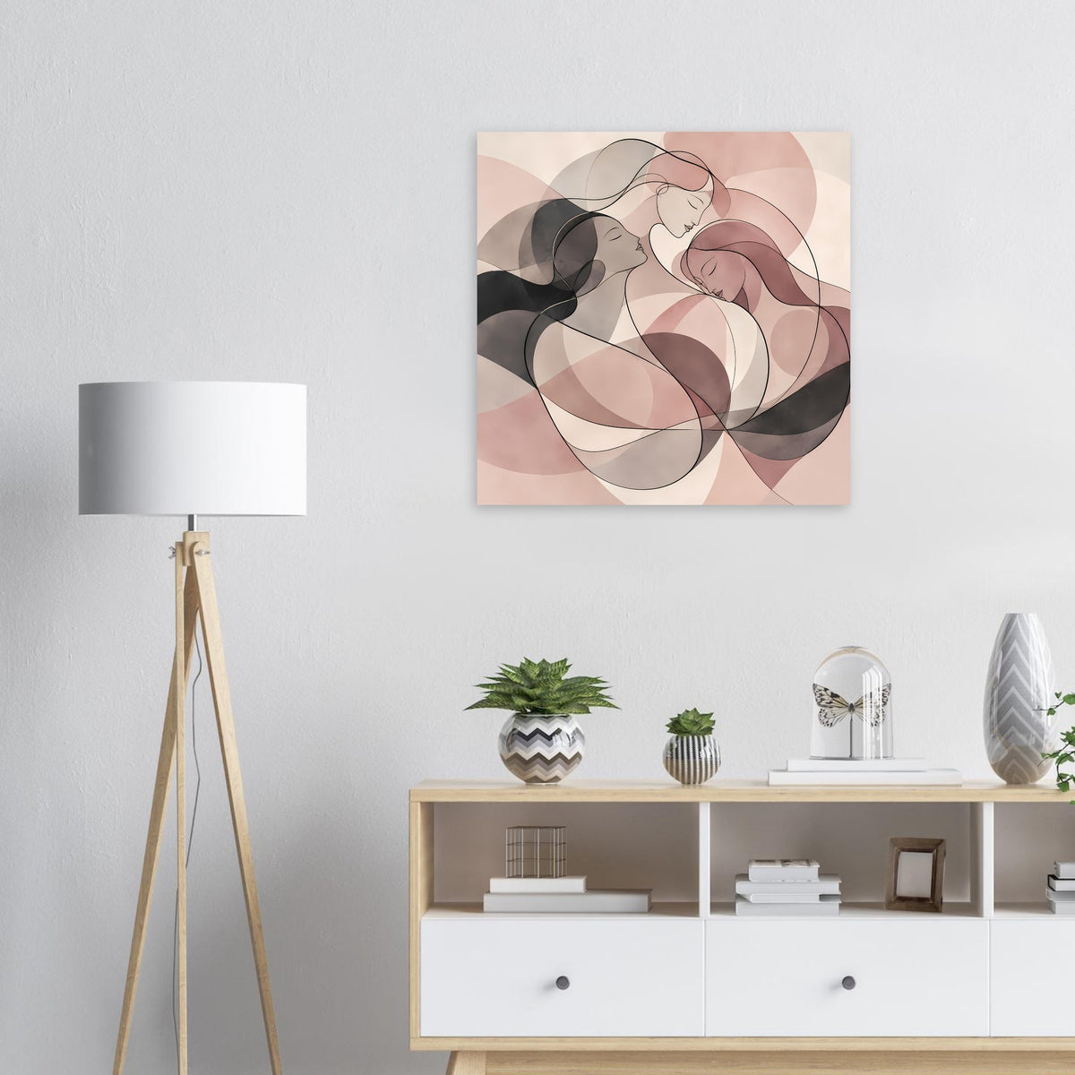 Abstraktes Poster mit drei Frauen in Rosé, Creme und Schwarz