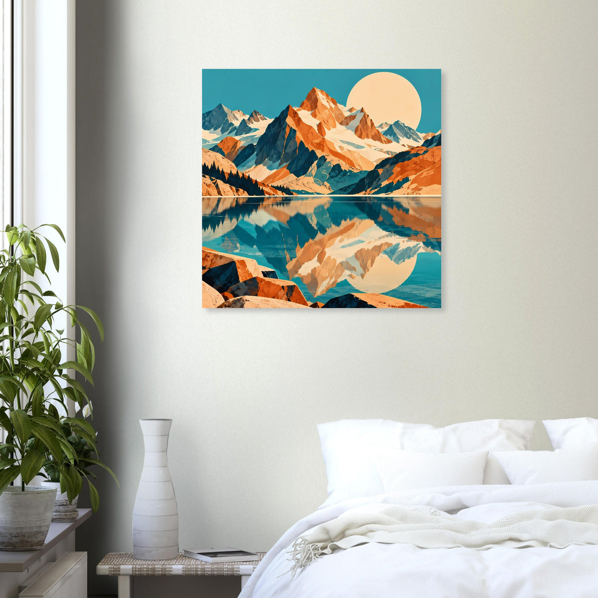 Quadratisches Naturposter mit dramatischen Bergen, türkisfarbenem See und Spiegelung