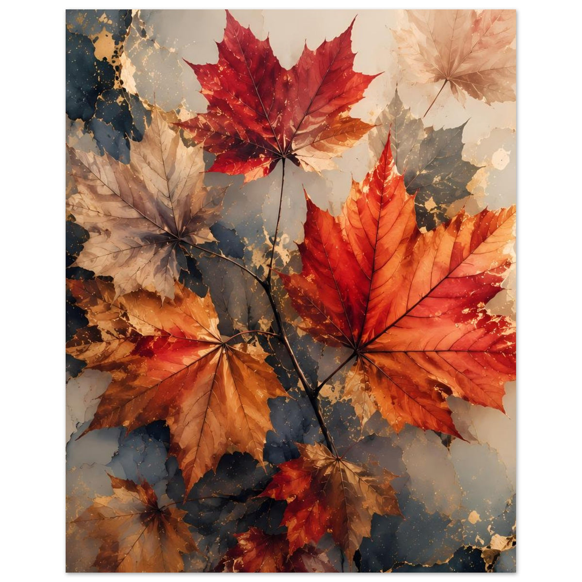 Herbst-Poster mit großen Ahornblättern in Rot und Orange sowie beigen und dunklen Tönen