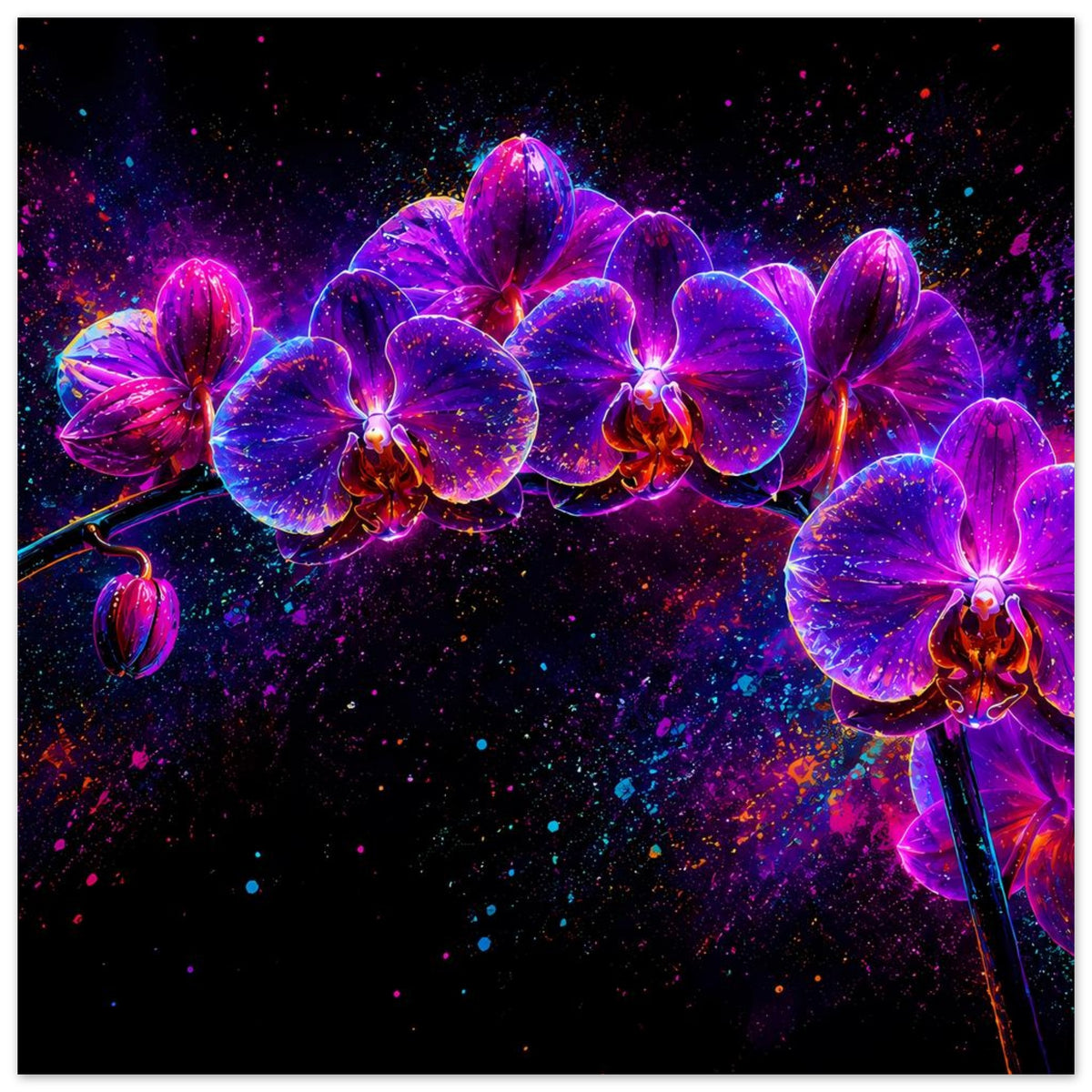 Abstraktes Blumenposter mit leuchtenden Neon-Orchideen in Pink und Violett, seitlich ausgezogen