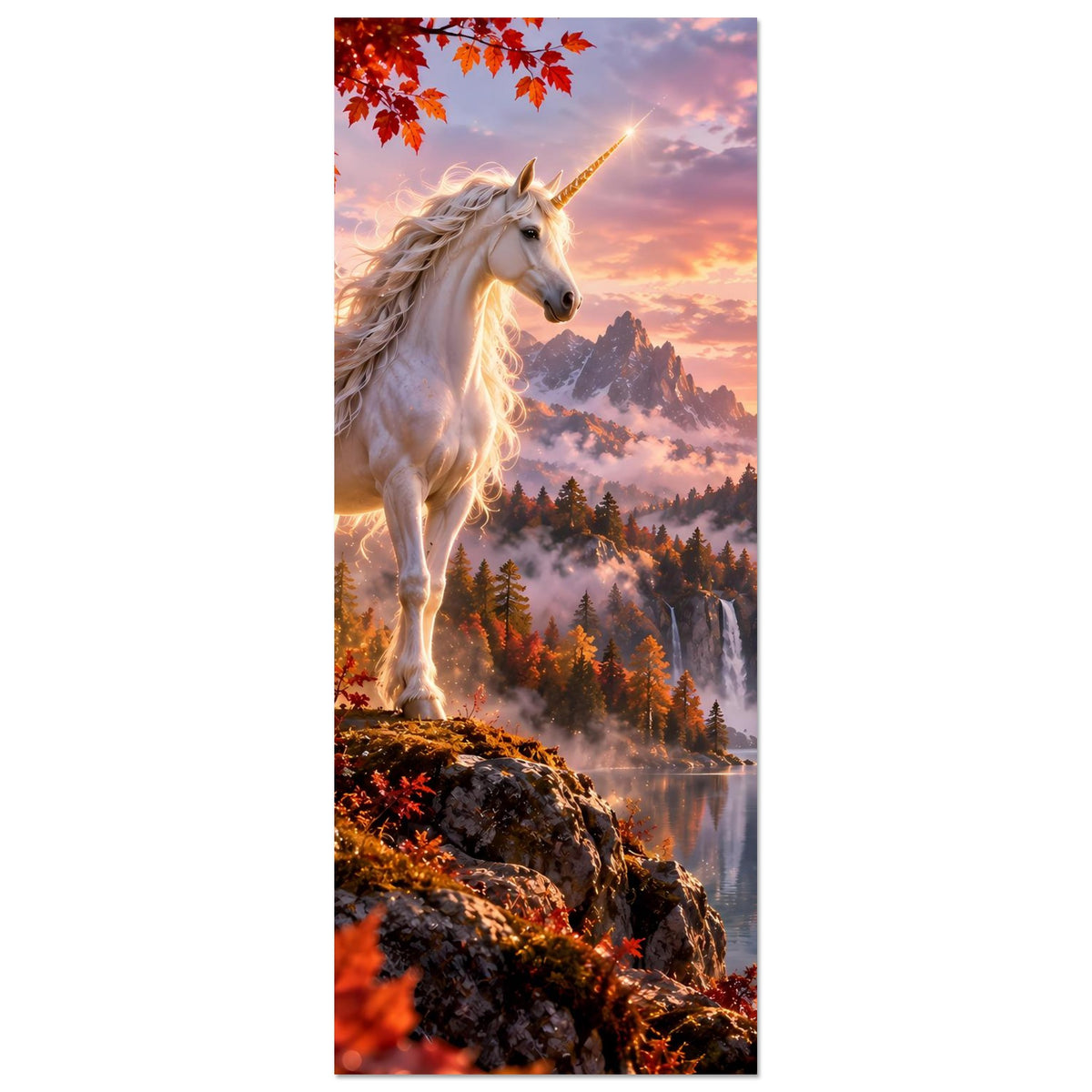 Hochkant-Fantasieposter mit weißem Einhorn, Herbstlaub, Schloss und ruhigem Fluss