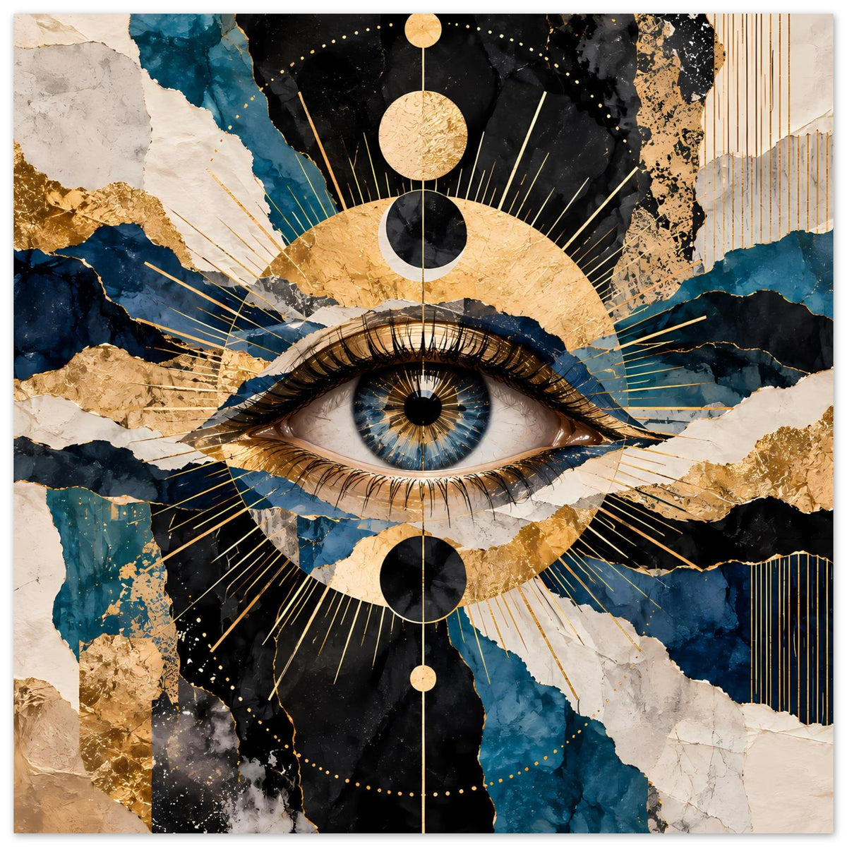 Quadratisches Kunstposter mit blauem Auge, Goldkreisen und schwarzem Design mit feinen Linien.