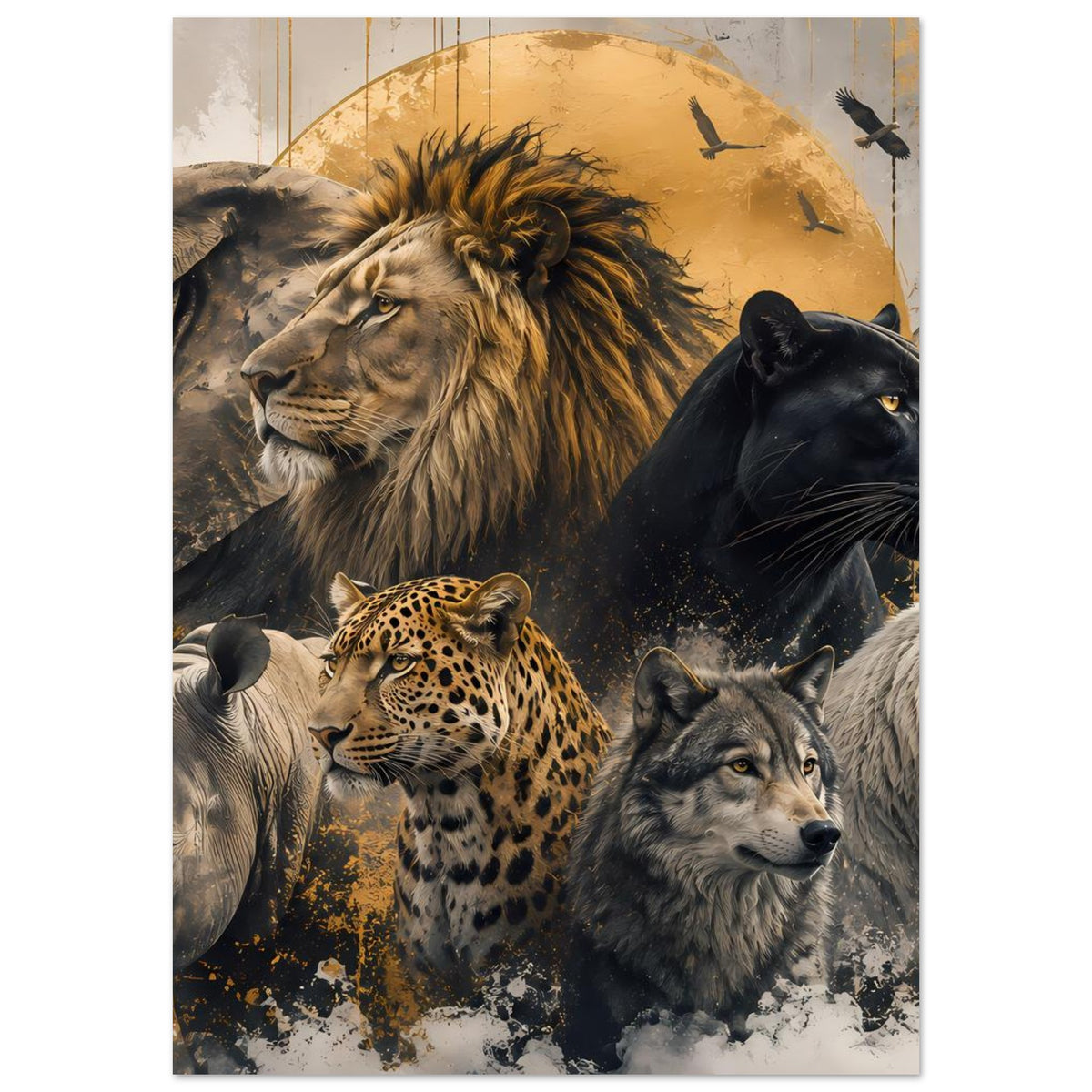 Wildtier-Poster mit Löwe, Panther und Leopard in Goldtönen sowie dunklem Fell