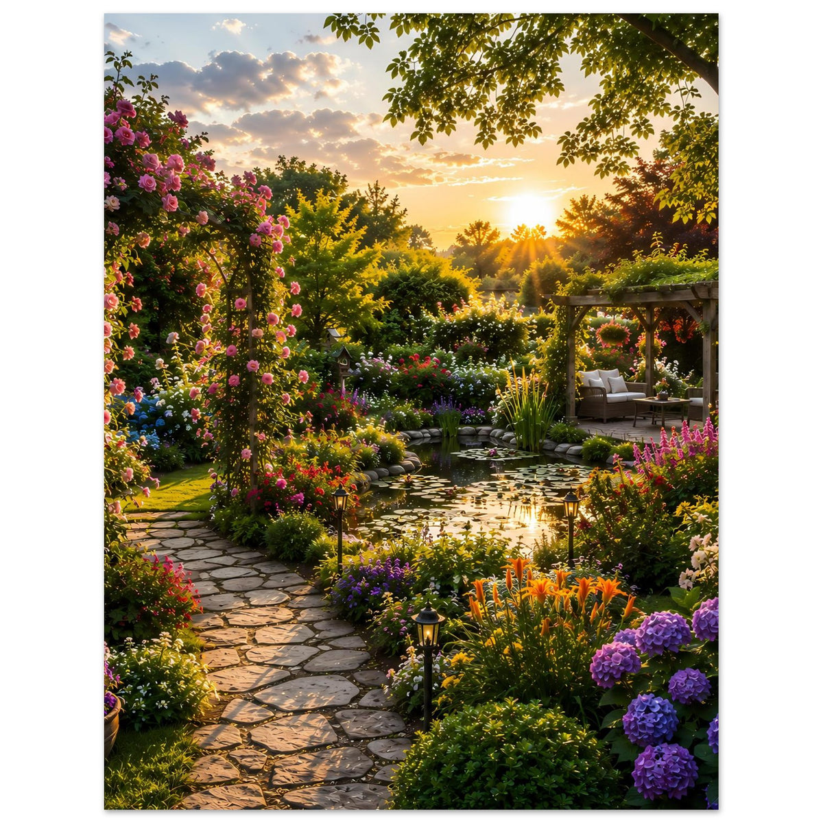 Poster mit blühendem Gartenweg: viele Farben, Sträucher und Laternen im Abendlicht