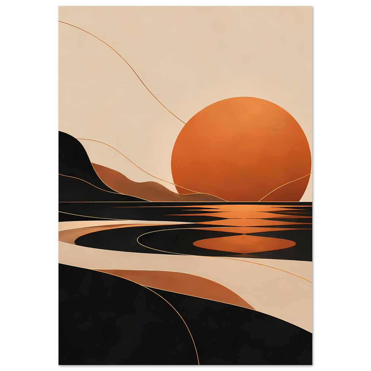 Kunstposter im Hochformat: orange Sonne über dunklem Tal, warme Erdtöne und geschwungene Linien