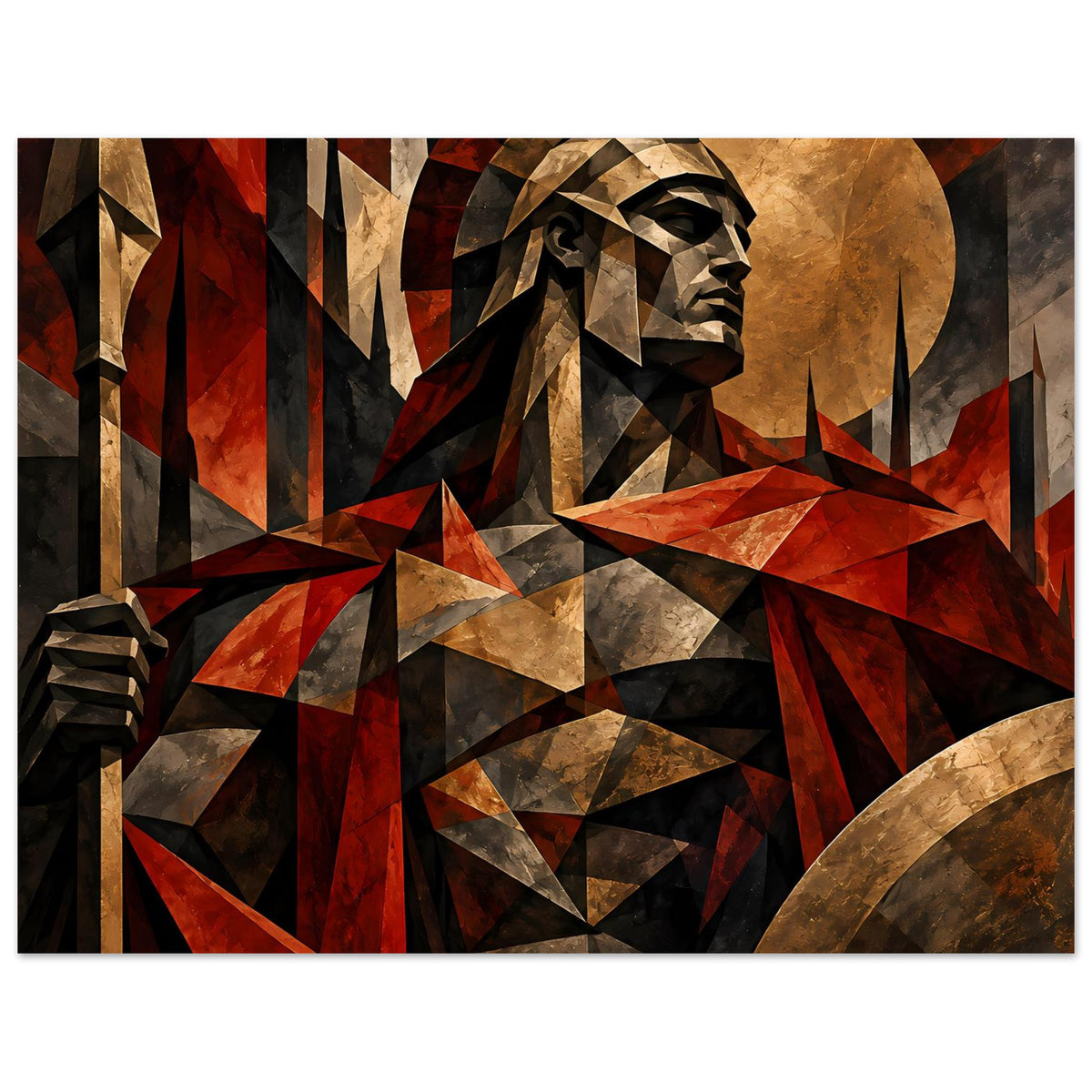 Poster mit spartanischem Krieger, geometrischer Look in Rot und Gold, Querformat