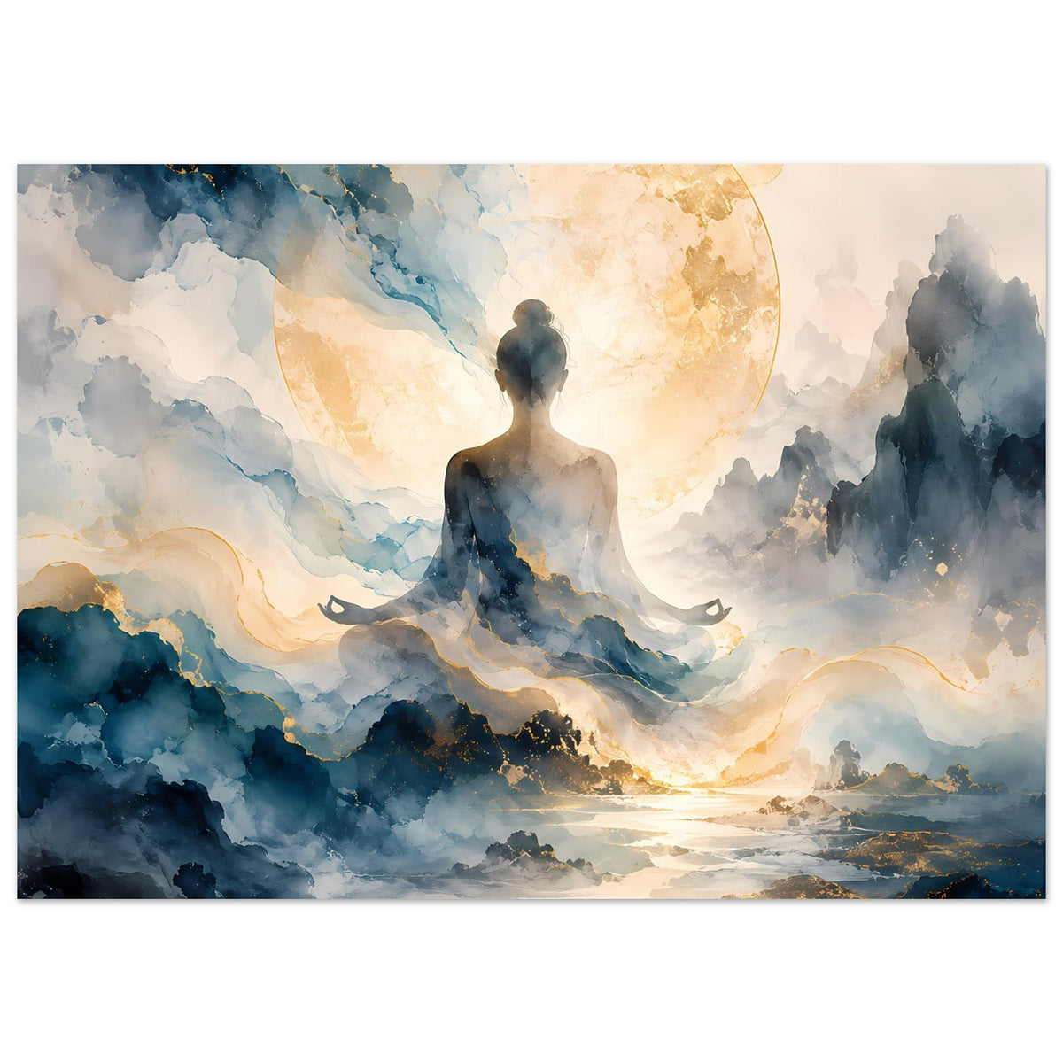 Zen-Poster mit meditierender Figur in blauen Wolken, golden leuchtender Mond im Hintergrund