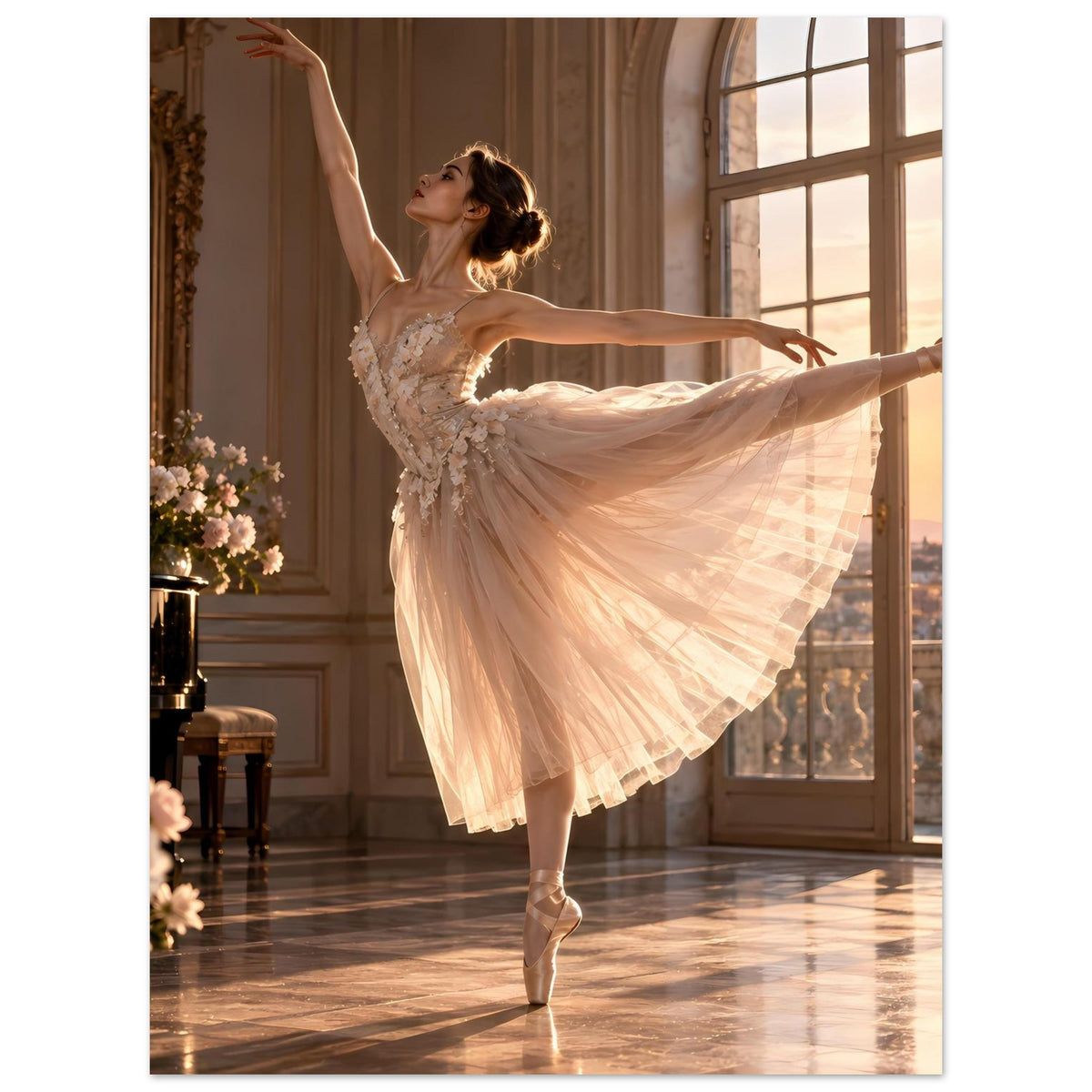 Ballett-Poster mit Ballerina im elfenbeinfarbenen Spitzenkleid, Arme oben, Körper im Gleichgewicht