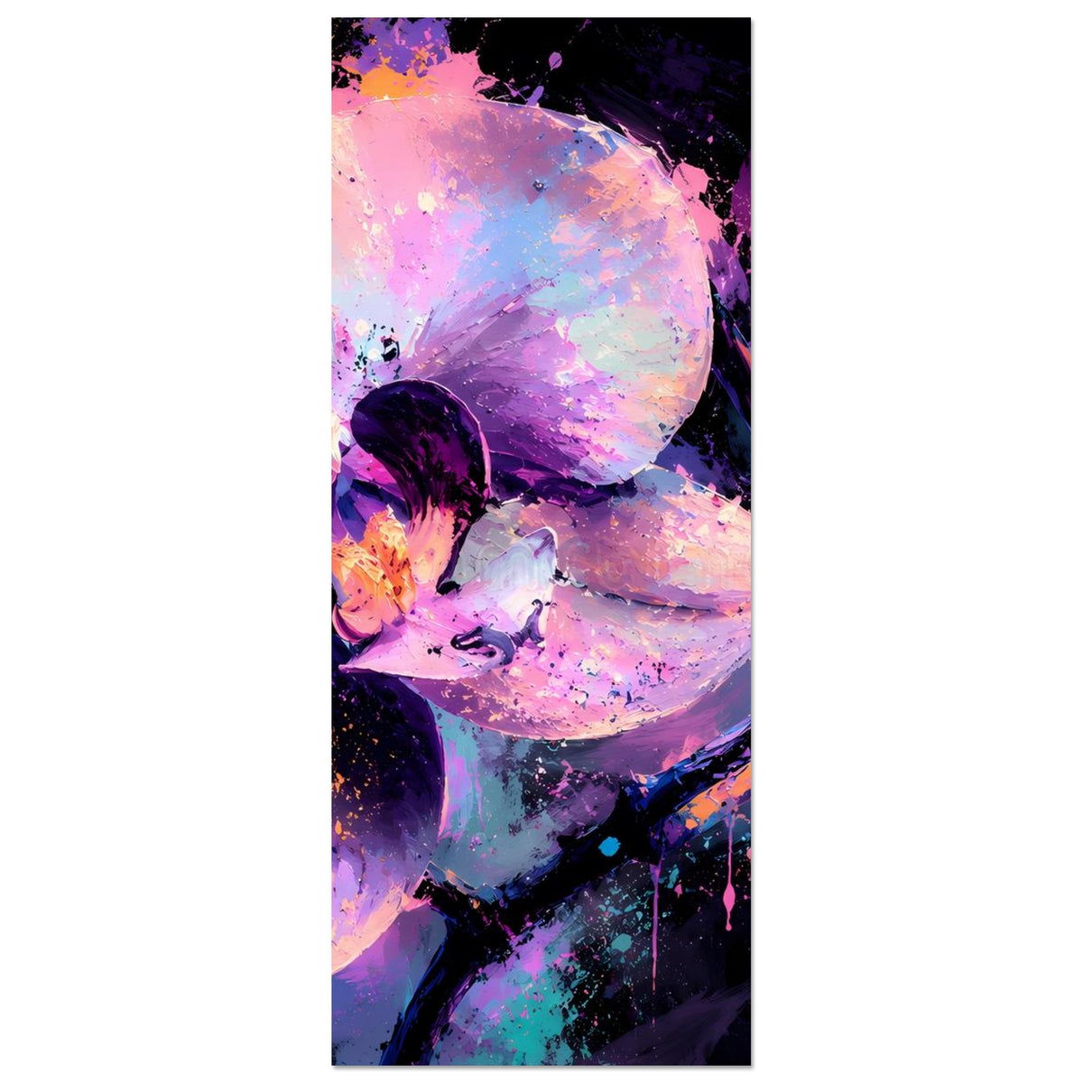 Neon-Orchideenposter, hochformatig, violett und pink, abstrakte Blüten mit Farbklecksen