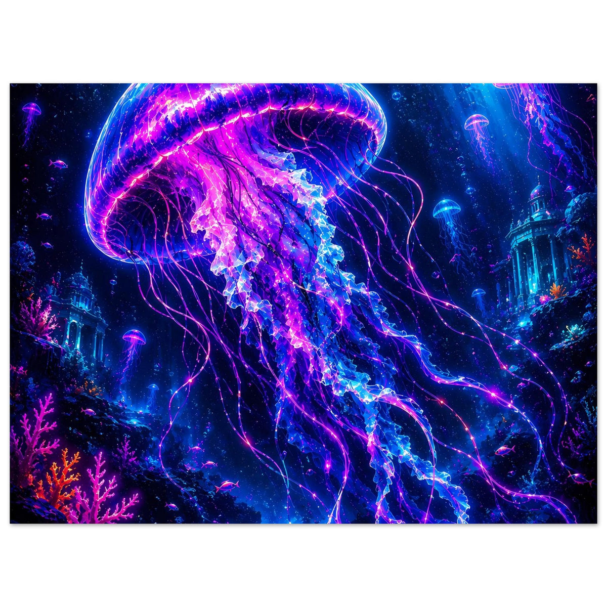 Poster mit leuchtender Qualle, violett-blaues Leuchten, ausladende Tentakel im Tiefsee-Look