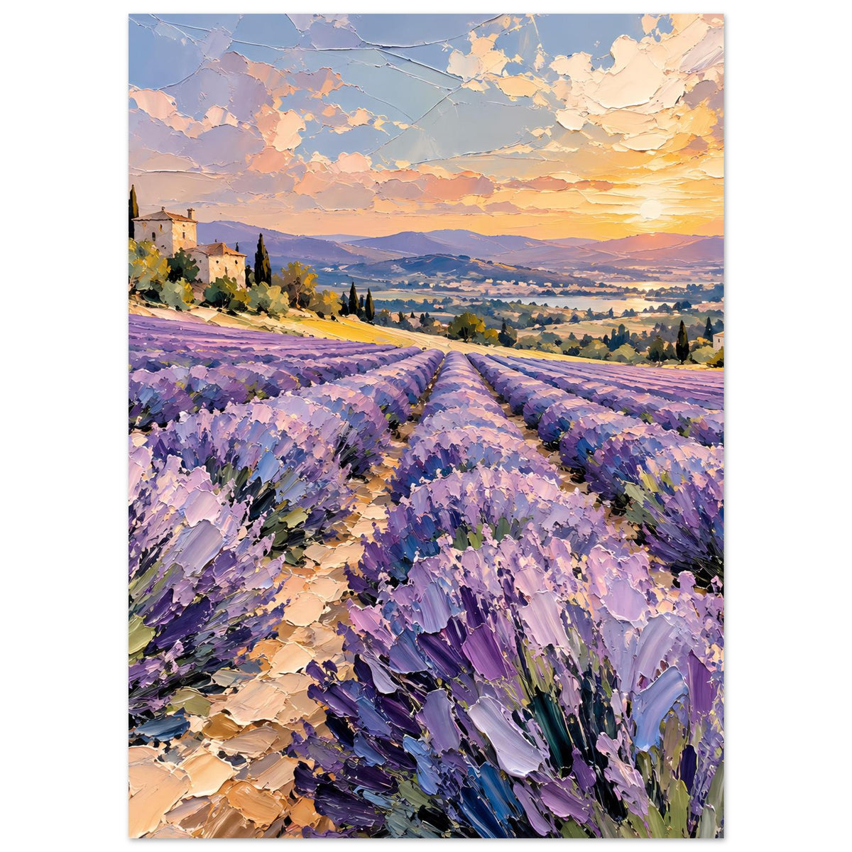 Poster mit Lavendelfeld im Sonnenuntergang, Häuser am Hang und lila Felder bis zum Horizont