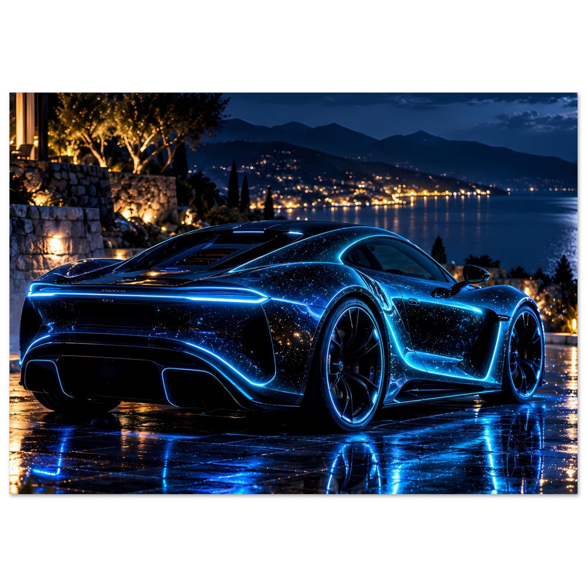 Poster, horizontal: blauer Neon-Sportwagen am Abend, Spiegelungen auf nasser Fahrbahn