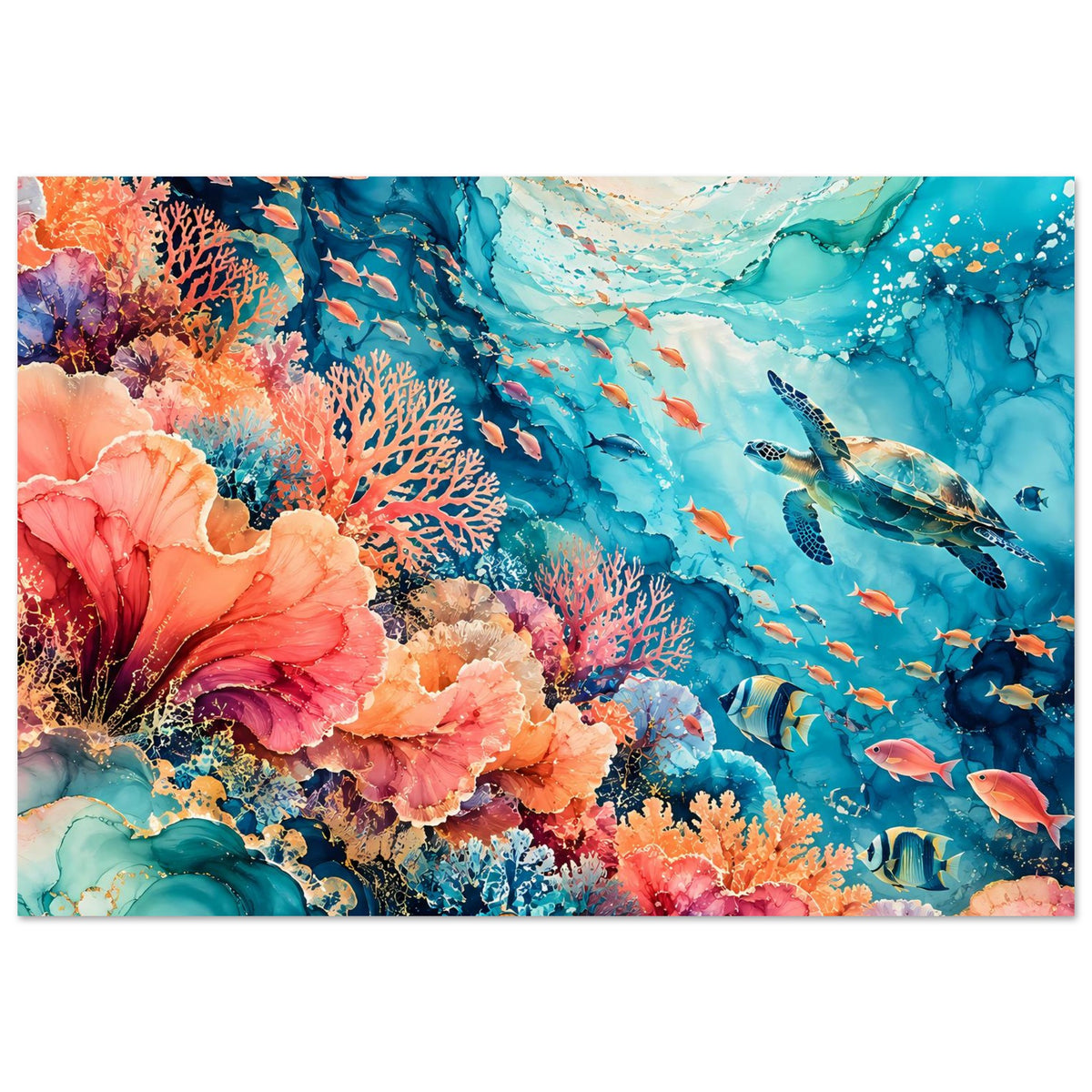 Unterwasserparadies-Poster im Querformat: Korallenriff mit bunten Fischen und blauen Strömungen