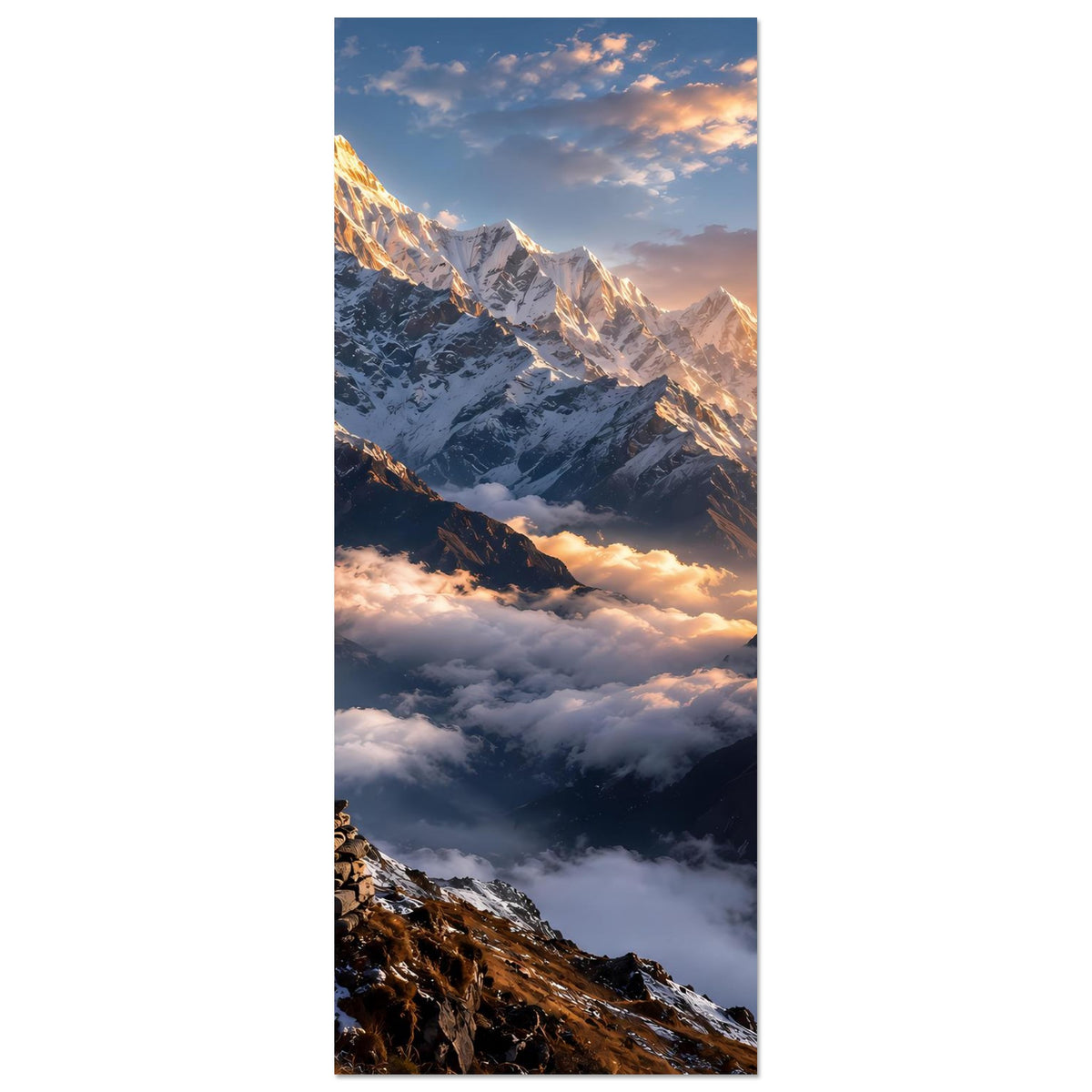 Vertikales Poster: Sonnenaufgang über schneebedecktem Gebirge, Wolkenmeer und warmes Licht