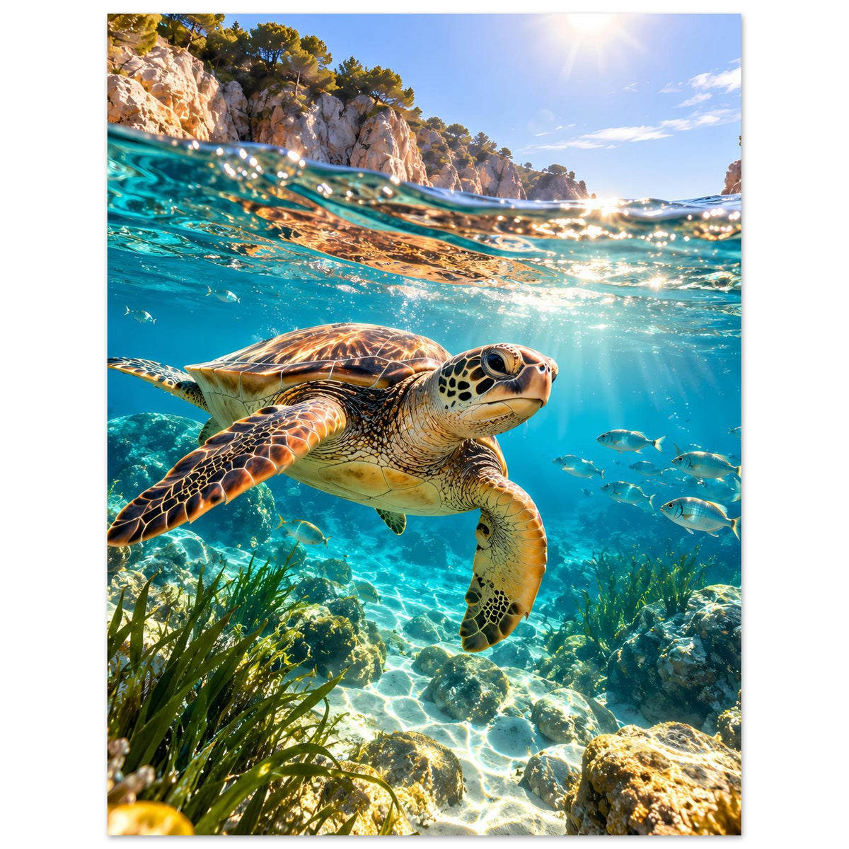 Meeresschildkröten-Poster (Hochformat): Schildkröte schwebt über Korallen und Seegras