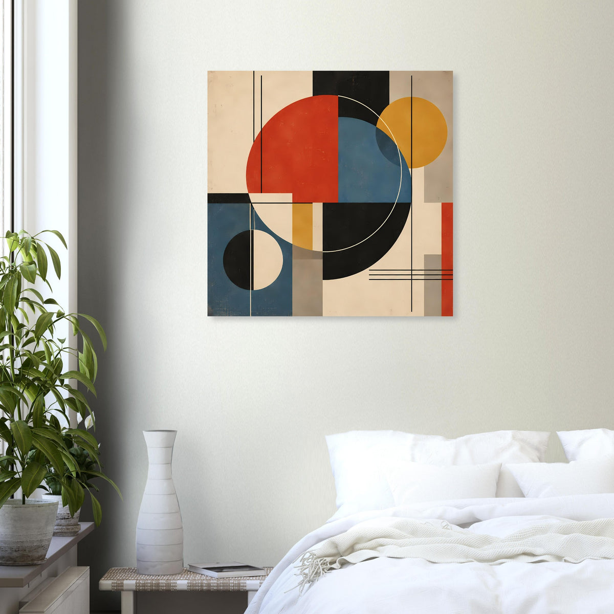 Mid-Century Poster mit geometrischen Flächen und Kreisen in Rot, Blau, Schwarz und Gold