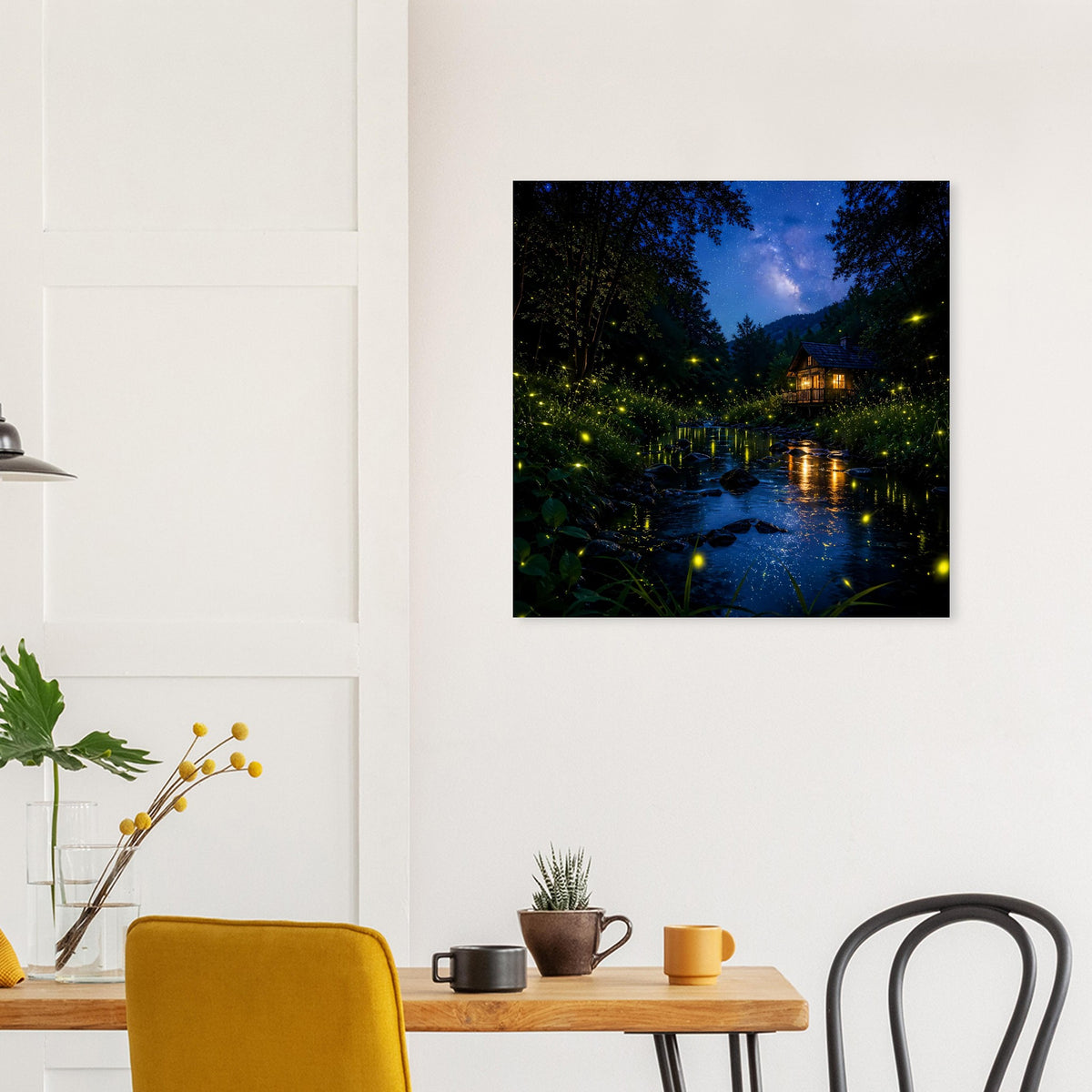 Quadratisches Poster mit nächtlicher Lichtszene im Wald und leuchtenden Insektenpunkten
